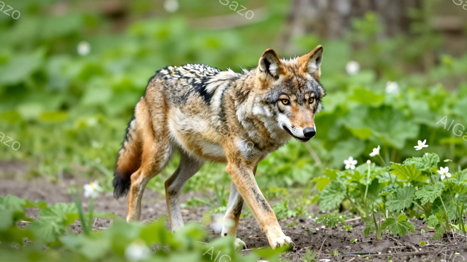 緑豊かな草むらの中を、毛並みの美しいオオカミが歩いている。その毛皮は茶色と黒の模様で覆われ、鋭い眼光でこちらを見ている。春の野原のような背景には、白い小さな花々が点在している。 - AI生成フリー素材