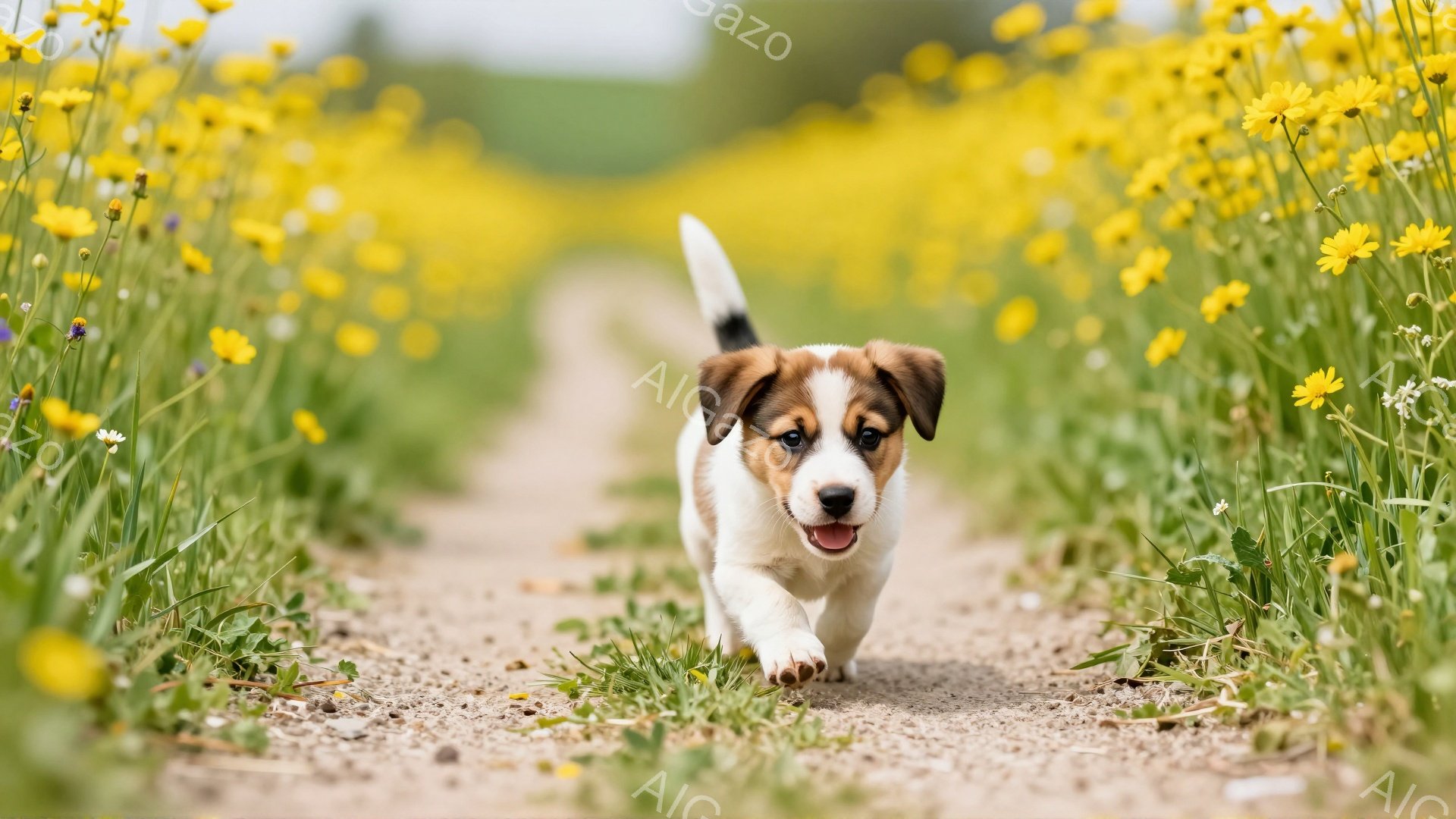 鮮やかな黄色の野原の中を、小さな子犬が駆けている。子犬は真っ白な体に茶色の斑点があり、嬉しそうに口を開けている。背景には緑の草が生い茂り、春らしい暖かな雰囲気が感じられる。 - AI生成フリー素材
