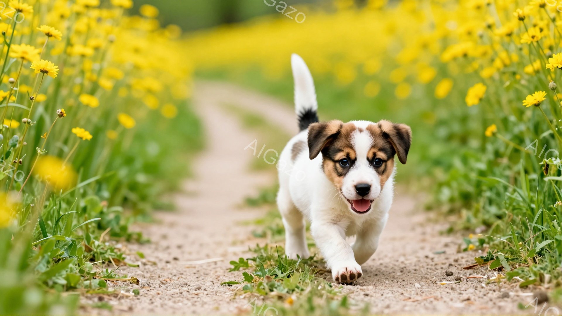 明るい草原の道で、子犬が前方を向いて歩いている。黄色い花が咲き乱れ、子犬の周りを明るく彩っている。子犬は楽しそうに舌を出しており、活気のある雰囲気が伝わってくる。