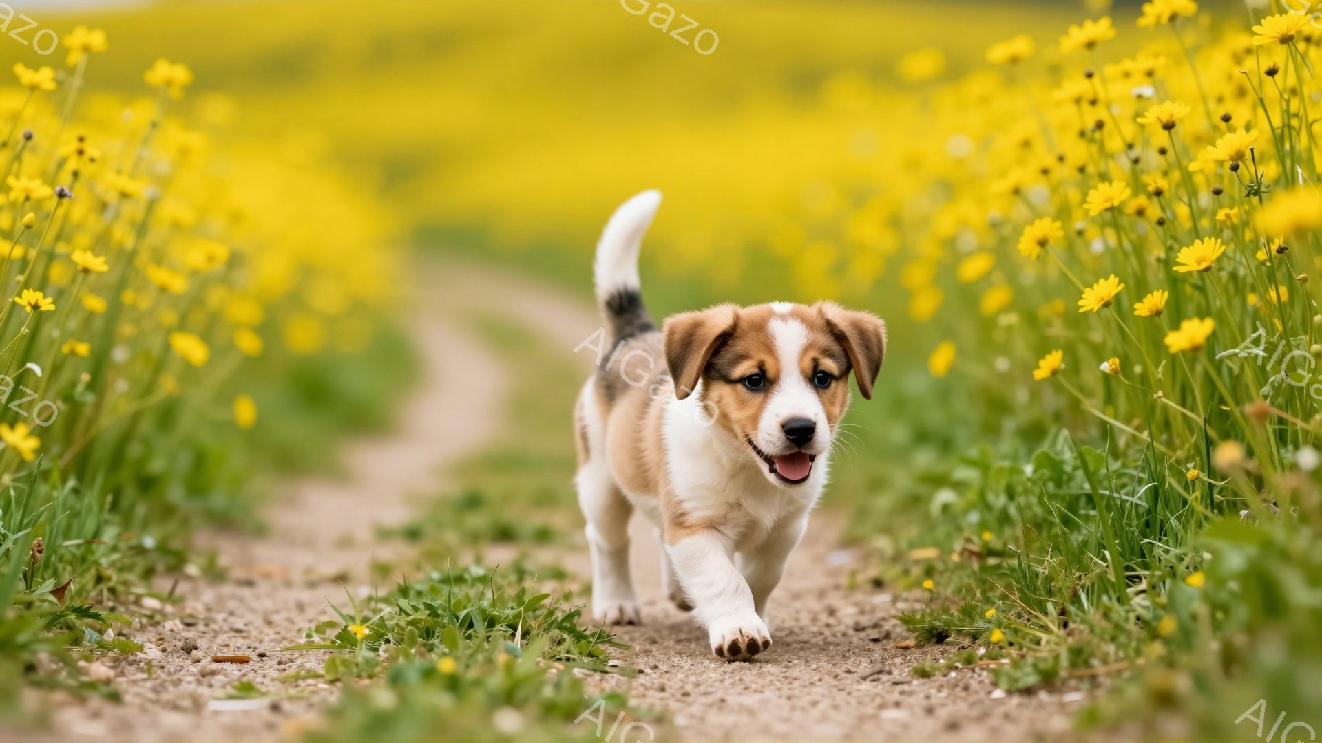 小さな子犬が黄色い花の咲き乱れる道を元気よく歩いている。毛並みは茶色と白で、表情は嬉しそうで、しっぽを高く上げて楽しそうにしている。背景の花々が春の暖かな雰囲気を演出している。