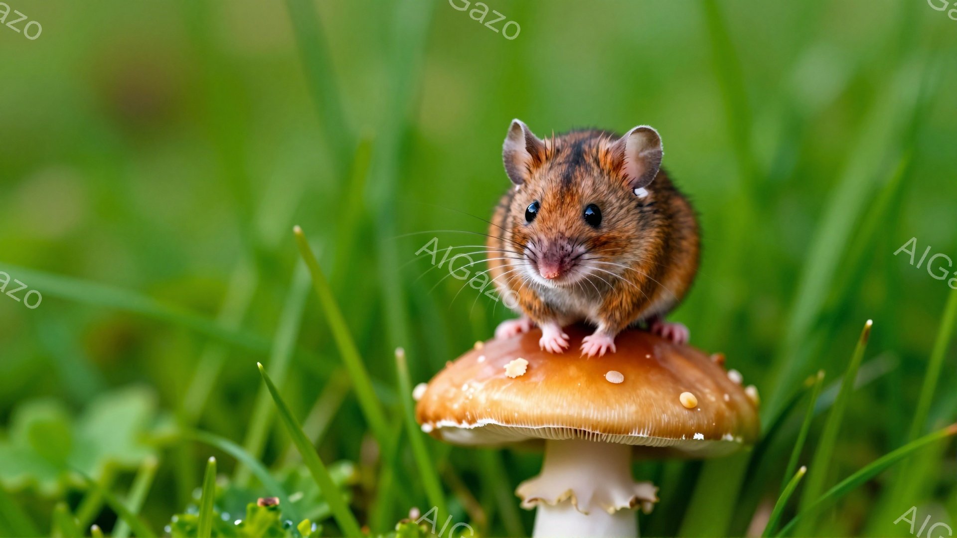 緑の草の上にキノコが立ち、その上に小さなネズミが立っています。ネズミは前足をキノコの傘に置き、鼻を高く上げて何かを見ているようです。背景は緑色の草で、春や夏の穏やかな自然の雰囲気が漂っています。