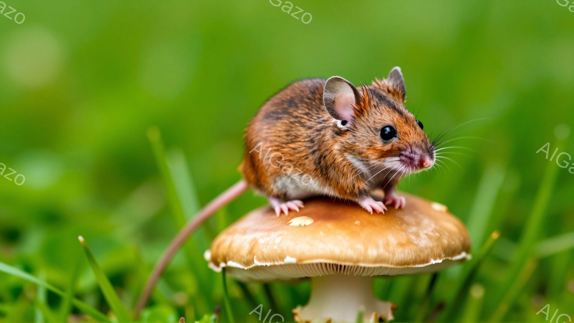 緑の草の上にキノコが生えています。そのキノコの頭の上に、かわいらしい茶色のネズミが立っており、前を見据え、小さな鼻を尖らせています。背景は鮮やかな緑色で、ネズミとキノコのコントラストが際立っています。