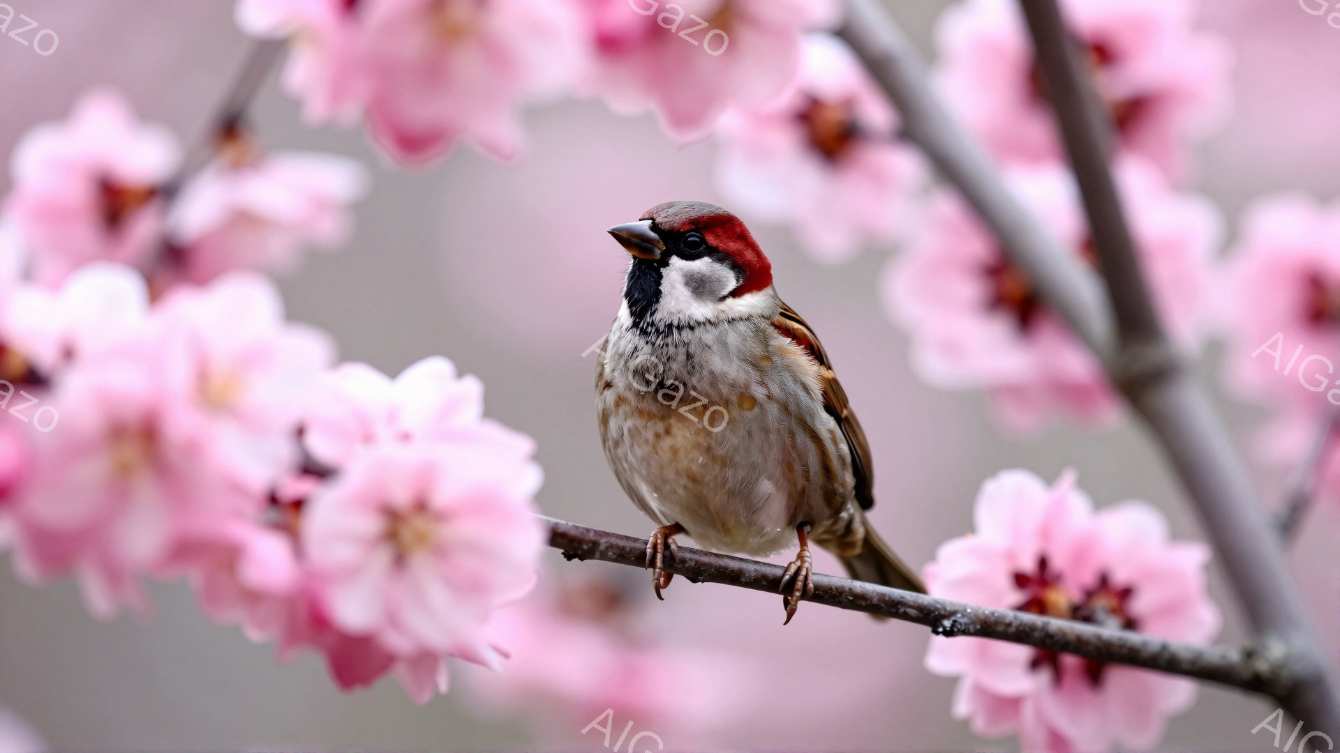 小鳥が桜の枝に止まっており、春の訪れを感じさせる穏やかな光景です。鮮やかなピンク色の桜の花びらが背景を彩り、小鳥の茶色い羽毛とのコントラストが美しいです。小鳥は少し前かがみになり、何かを探しているよう - AI生成フリー素材