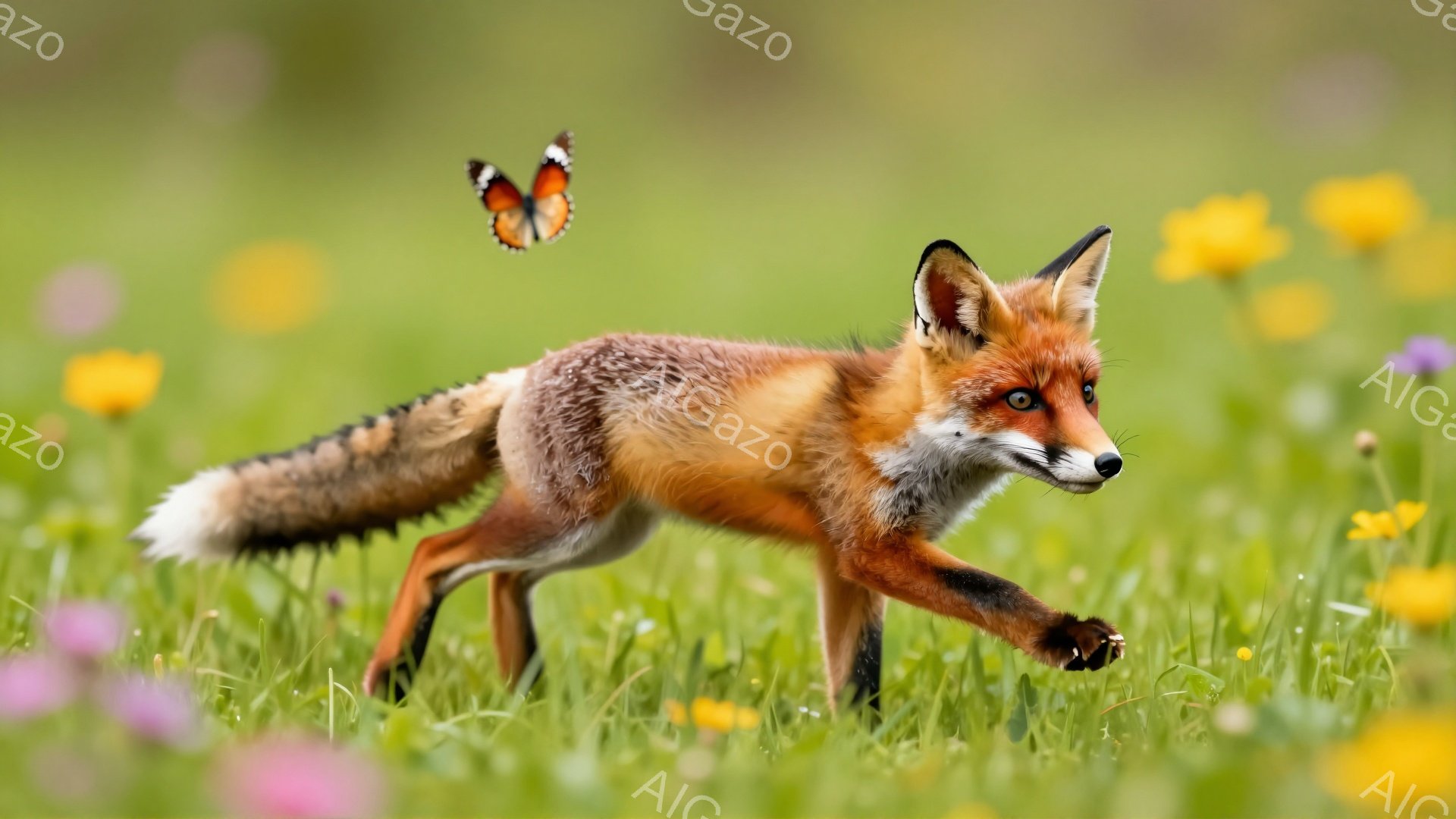 明るい緑の草原を、赤褐色のキツネが駆け抜けている。鮮やかな黄色い花々が咲き乱れ、キツネの動きに合わせて黒い蝶が舞っている。背景はぼやけており、躍動感あふれる自然の瞬間を捉えている。 - AI生成フリー素材