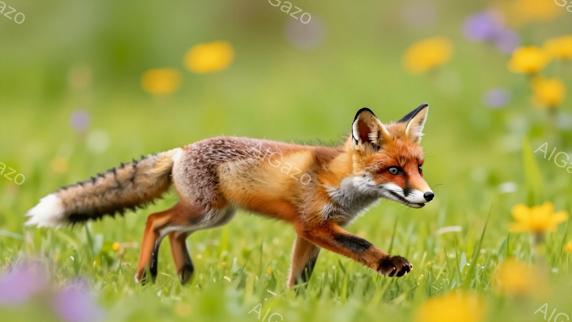 草原を駆け抜けるキツネが写っています。鮮やかなオレンジ色の毛並みが特徴的で、白い腹部と尻尾の先がアクセントになっています。背景には、黄色や紫の花が咲き乱れ、春の暖かな雰囲気が感じられます。