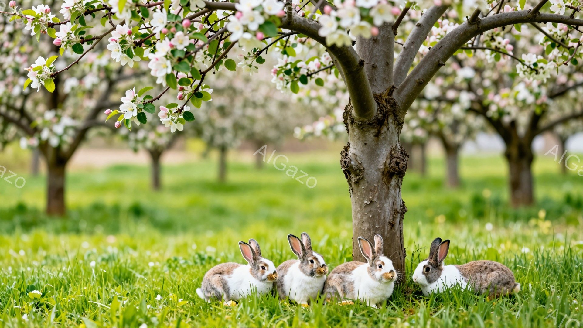 鮮やかな緑の草の上に、可愛らしいウサギたちが寄り添って座っています。背景には、白く美しい花を咲かせた桜並木が広がり、春の穏やかな雰囲気を醸し出しています。ウサギたちは好奇心いっぱいの表情で、何かを見つ - AI生成フリー素材