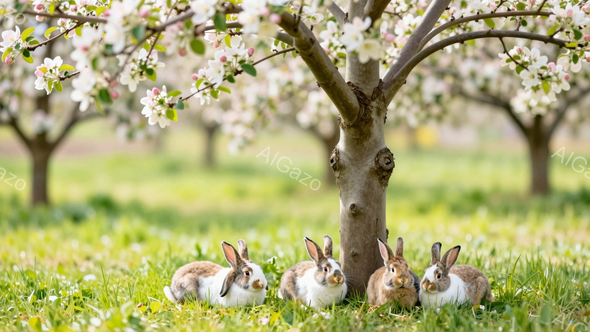 緑の草原に、かわいらしいウサギたちが一列に並んで座っています。背景には、満開の桜のような白い花を咲かせた木々が立ち並び、春の穏やかな雰囲気を醸し出しています。ウサギたちはリラックスした様子で、春の陽光 - AI生成フリー素材