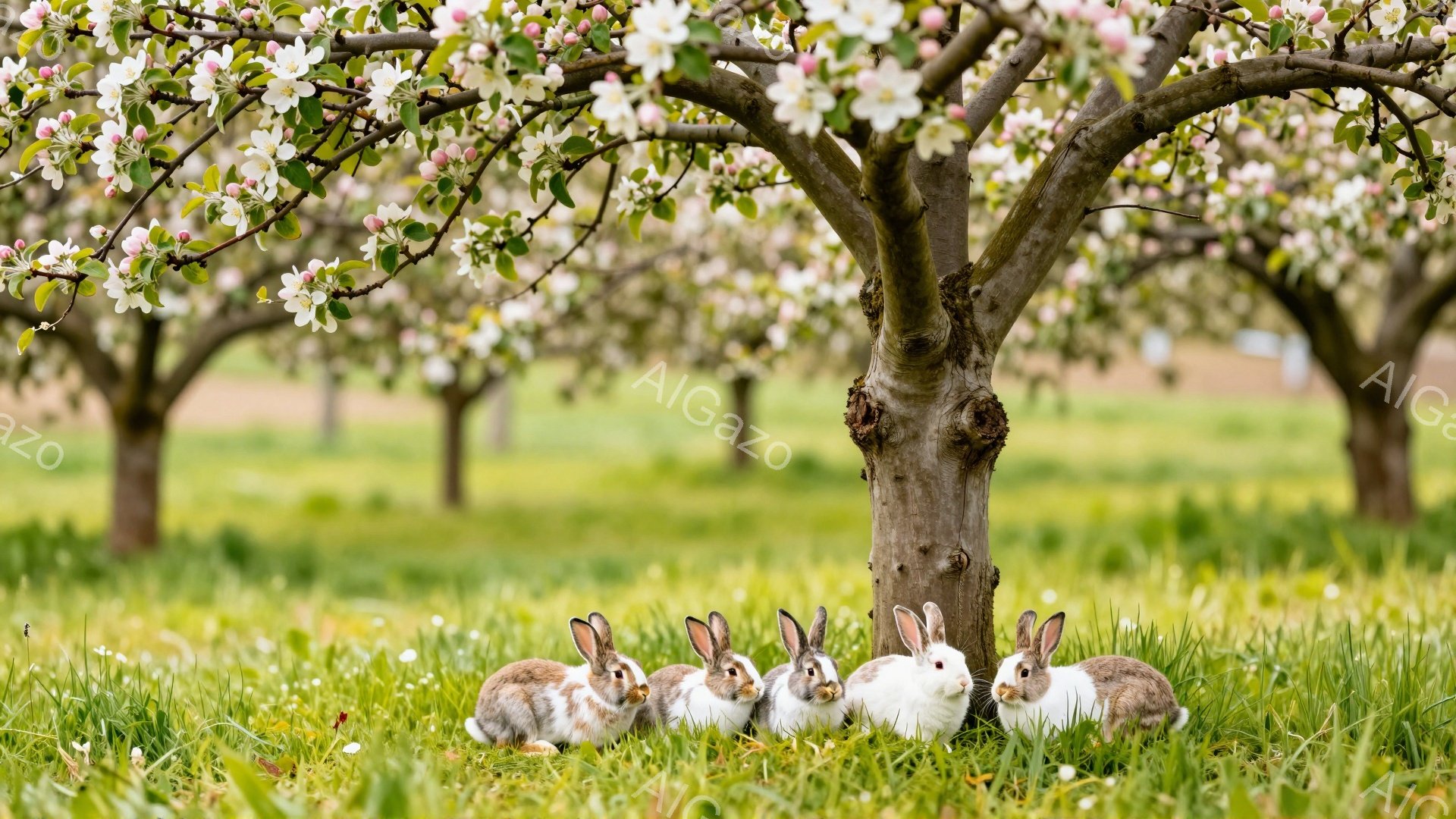 緑の草の上に、4匹のうさぎが並んで座っています。背景には、桜のような白い花が咲き乱れる果樹園が広がり、春の穏やかな雰囲気を感じさせます。うさぎたちは、それぞれ異なる毛色で、好奇心いっぱいの表情でこちらを見ています。