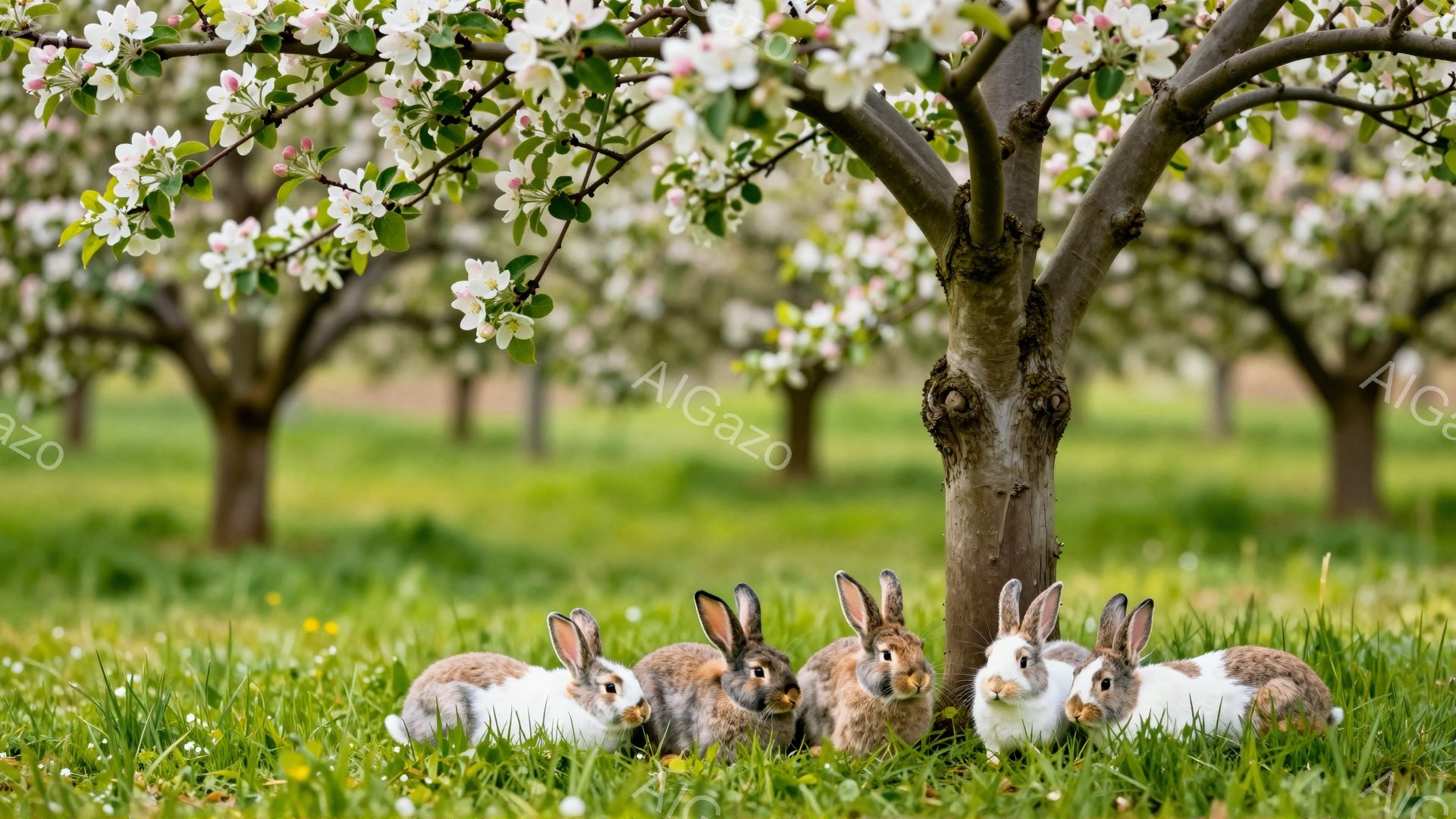 緑の草の上に、四匹の可愛らしいウサギが並んで座っています。背景には、満開の桜の木が並び、春の穏やかな日差しが降り注いでいます。ウサギたちはリラックスした様子で、平和な風景の中に溶け込んでいます。 - AI生成フリー素材