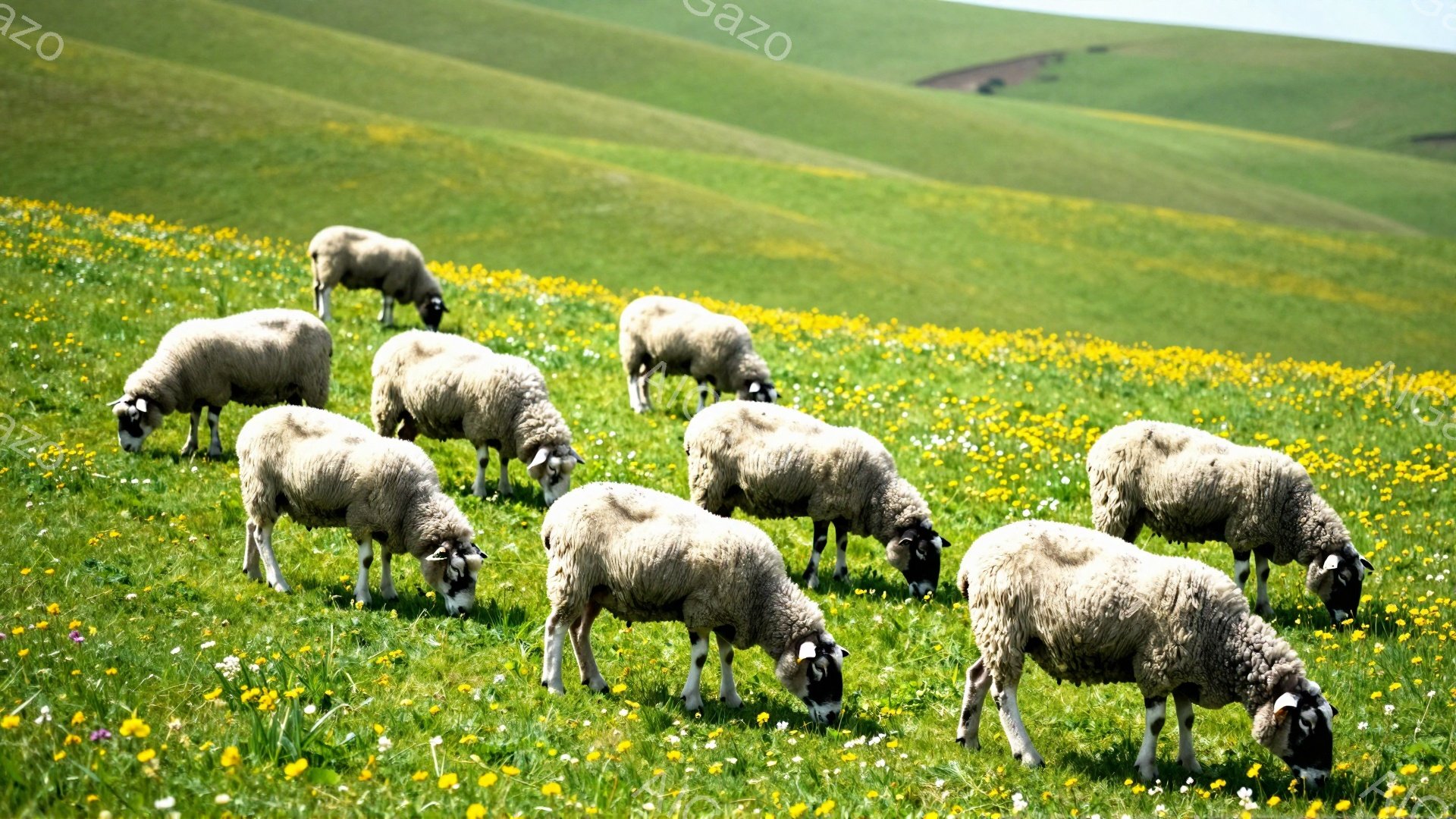 緑の丘と野原で、たくさんのヒツジが草を食べている。太陽の光が暖かく、穏やかな雰囲気で、ヒツジたちは平和に過ごしているようだ。背景にはなだらかな丘が広がり、自然豊かな風景が広がっている。