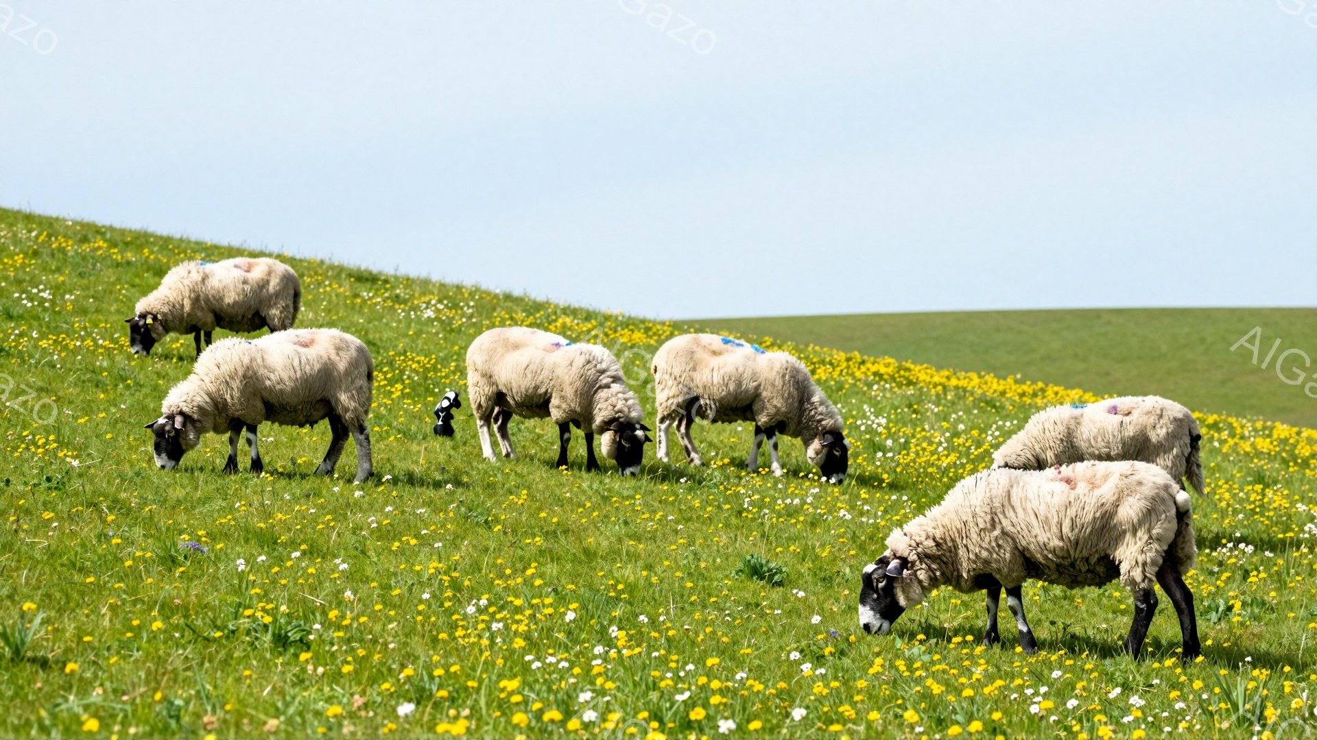 緑の丘にヒツジが群れで草を食んでいます。ヒツジたちは白い毛並みで、一部に青い印がついています。背景には黄色い花が咲き乱れ、穏やかな春の風景が広がっています。