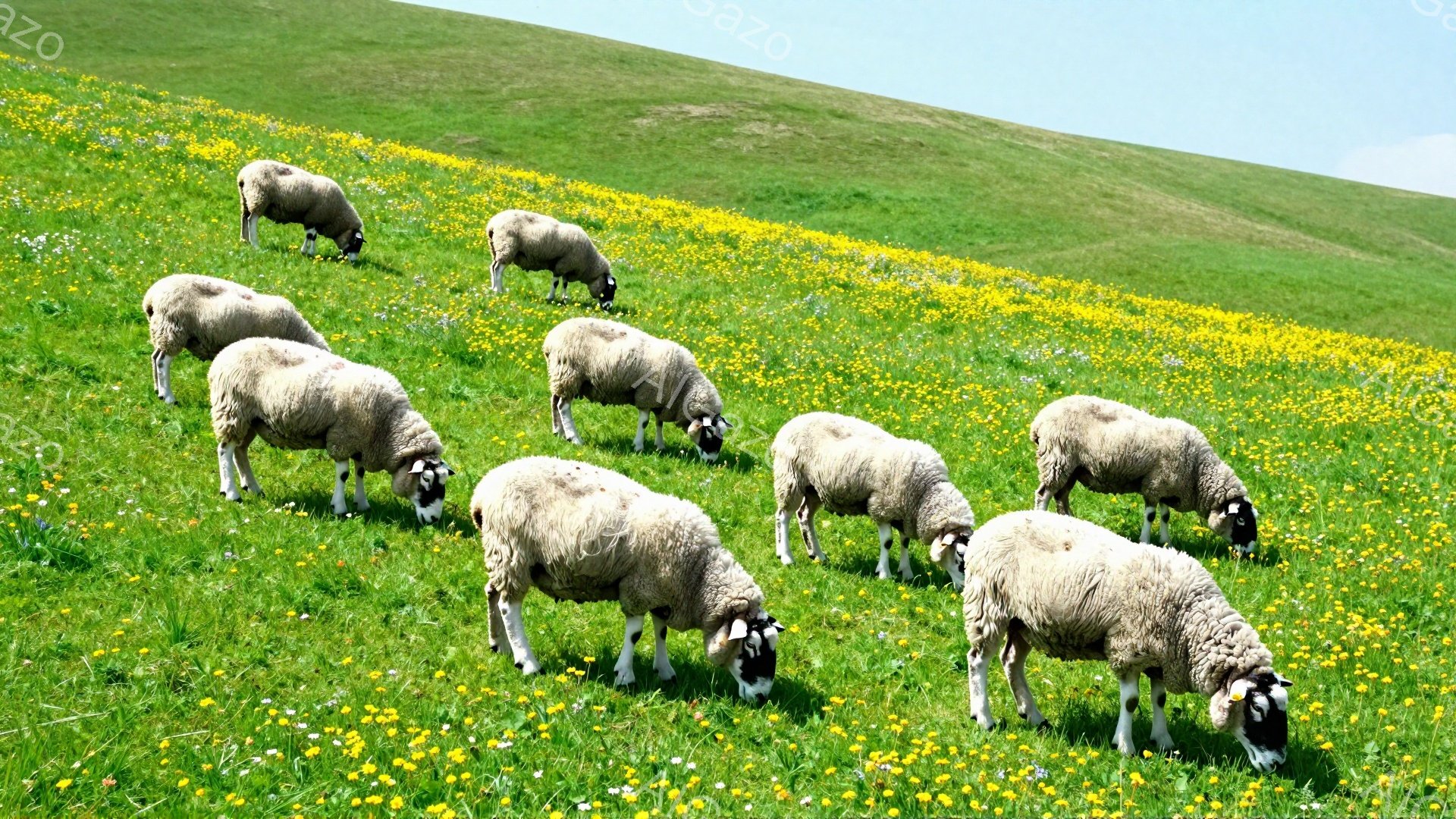緑の丘で、黒い顔をした羊たちが草を食べている。鮮やかな黄色い花々が丘一面に咲き誇り、穏やかで平和な雰囲気を醸し出している。空は青く晴れており、のどかな田園風景が広がる。