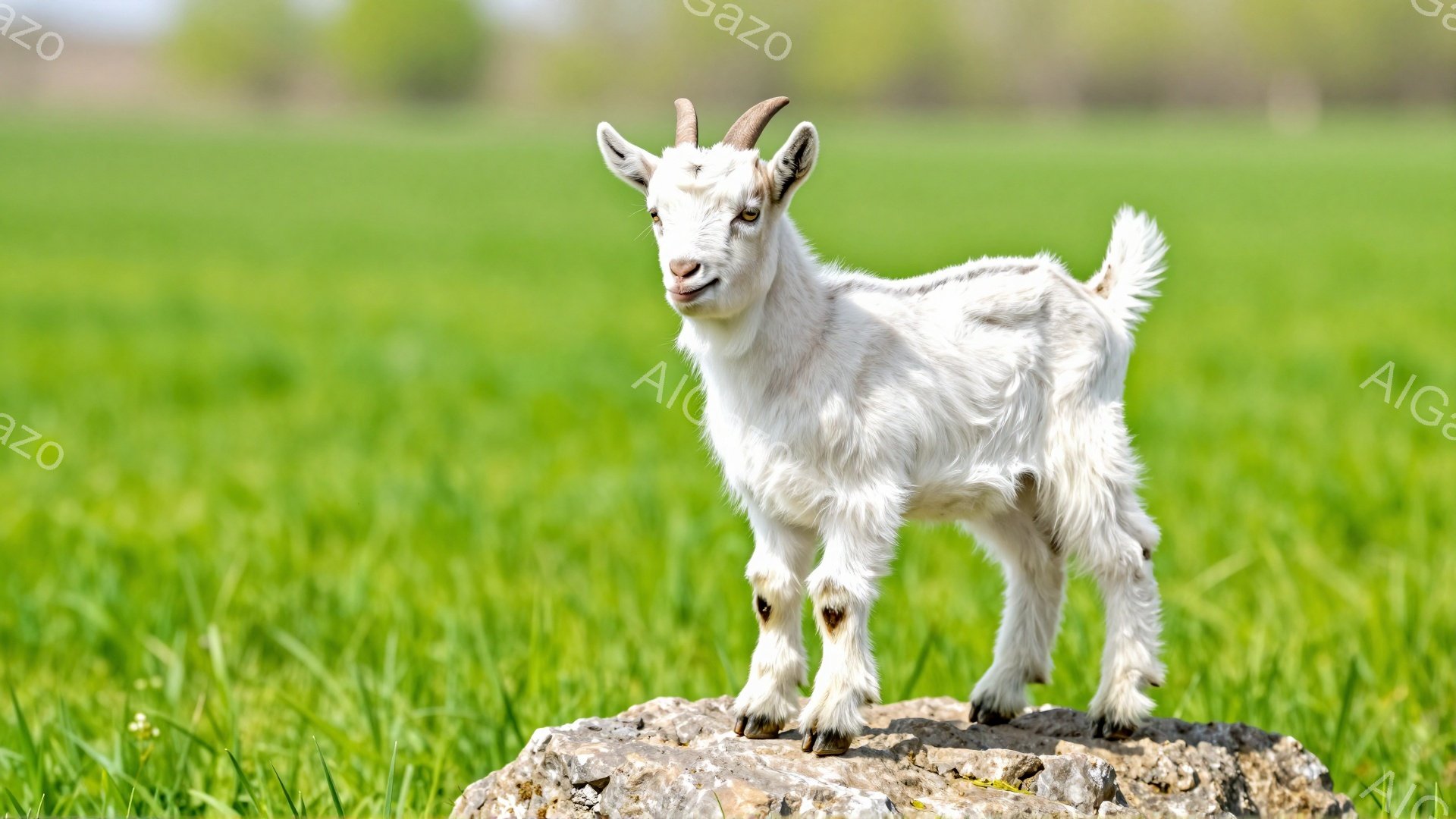 白いヤギが岩の上に立っている。緑色の牧草地が広がり、鮮やかな春の風景が広がっている。ヤギは少しこちらを見て、穏やかな表情をしている。 - AI生成フリー素材