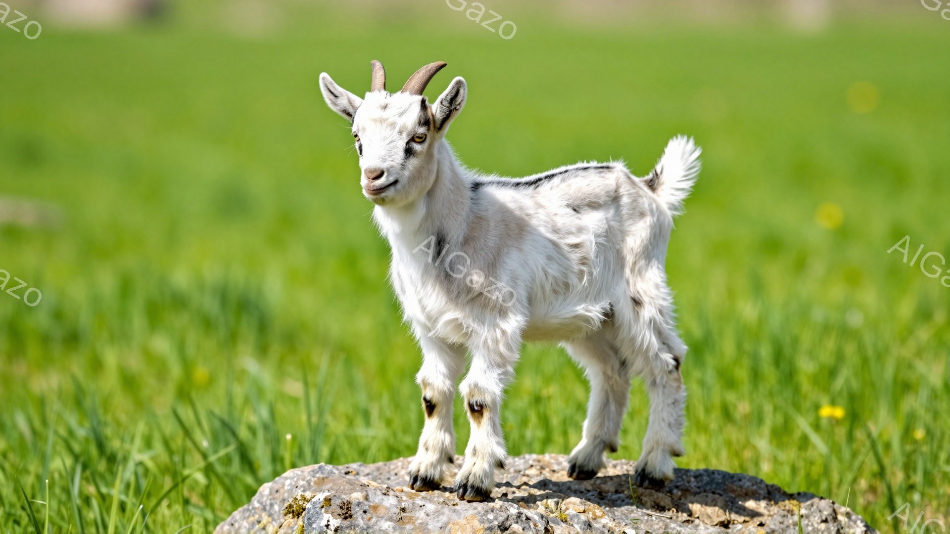 白いヤギが岩の上に立っており、緑色の草地が広がっています。ヤギは好奇心旺盛な表情でこちらを見ており、少し日差しが当たっている穏やかな日です。背景は明るく、牧歌的な雰囲気が漂っています。 - AI生成フリー素材