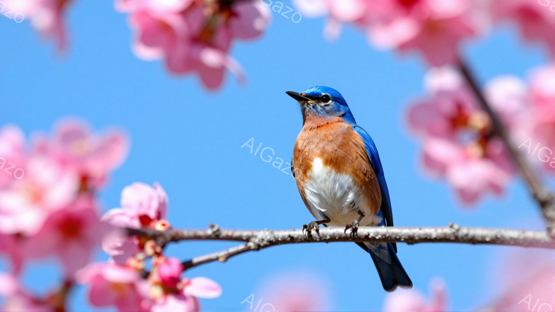 青い鳥が桜の枝にとまっている。背景は鮮やかな青空で、ピンク色の桜の花が咲き乱れ、春の訪れを感じさせる。鳥は羽を滑らかに整え、どこか遠くを見つめている。 - AI生成フリー素材