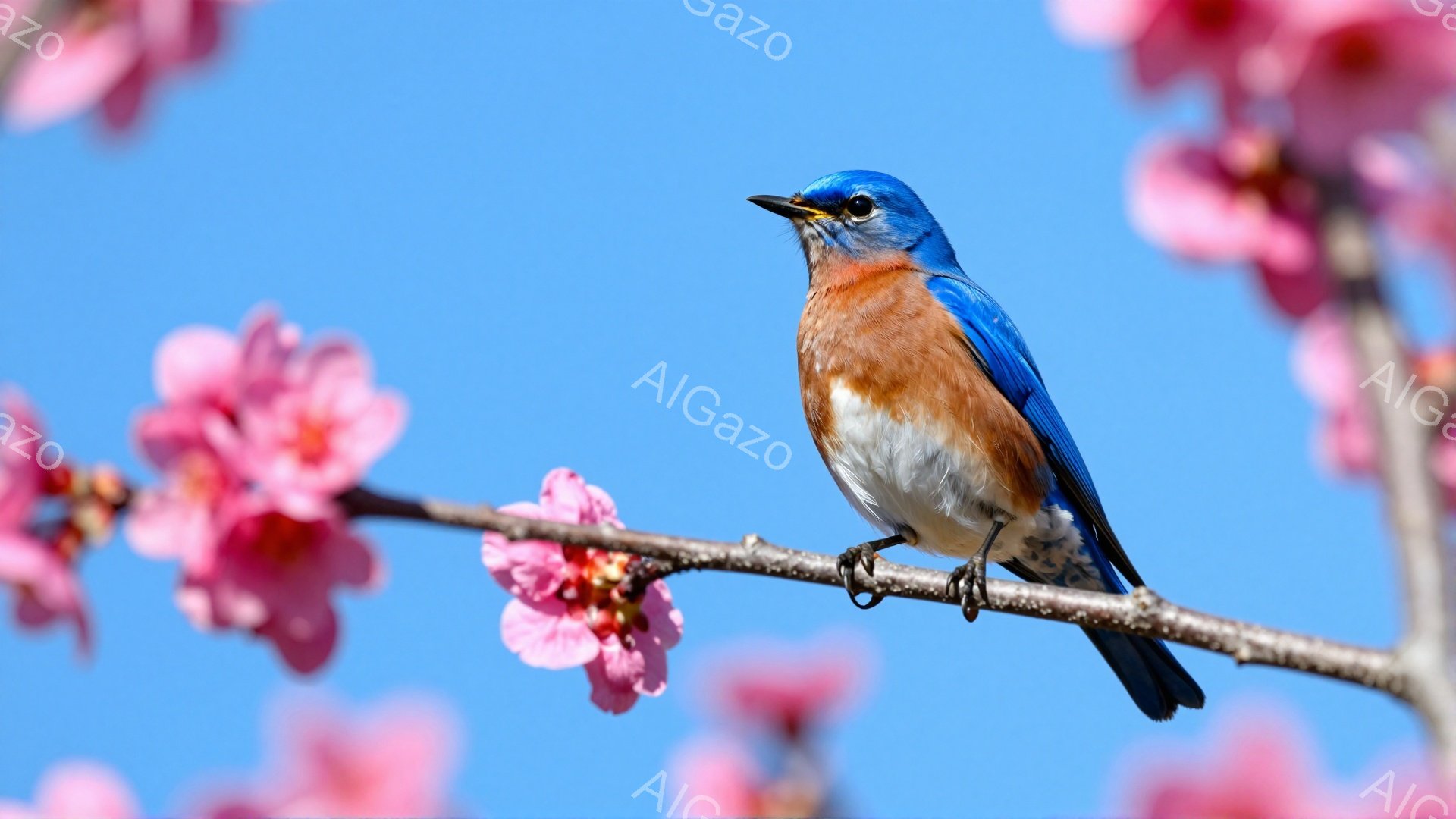 鮮やかな青い鳥が桜の枝にとまっている。背景は澄んだ青空で、春の暖かさと穏やかさを感じさせる。ピンク色の桜の花が鳥の鮮やかな色を引き立て、美しいコントラストを生み出している。 - AI生成フリー素材