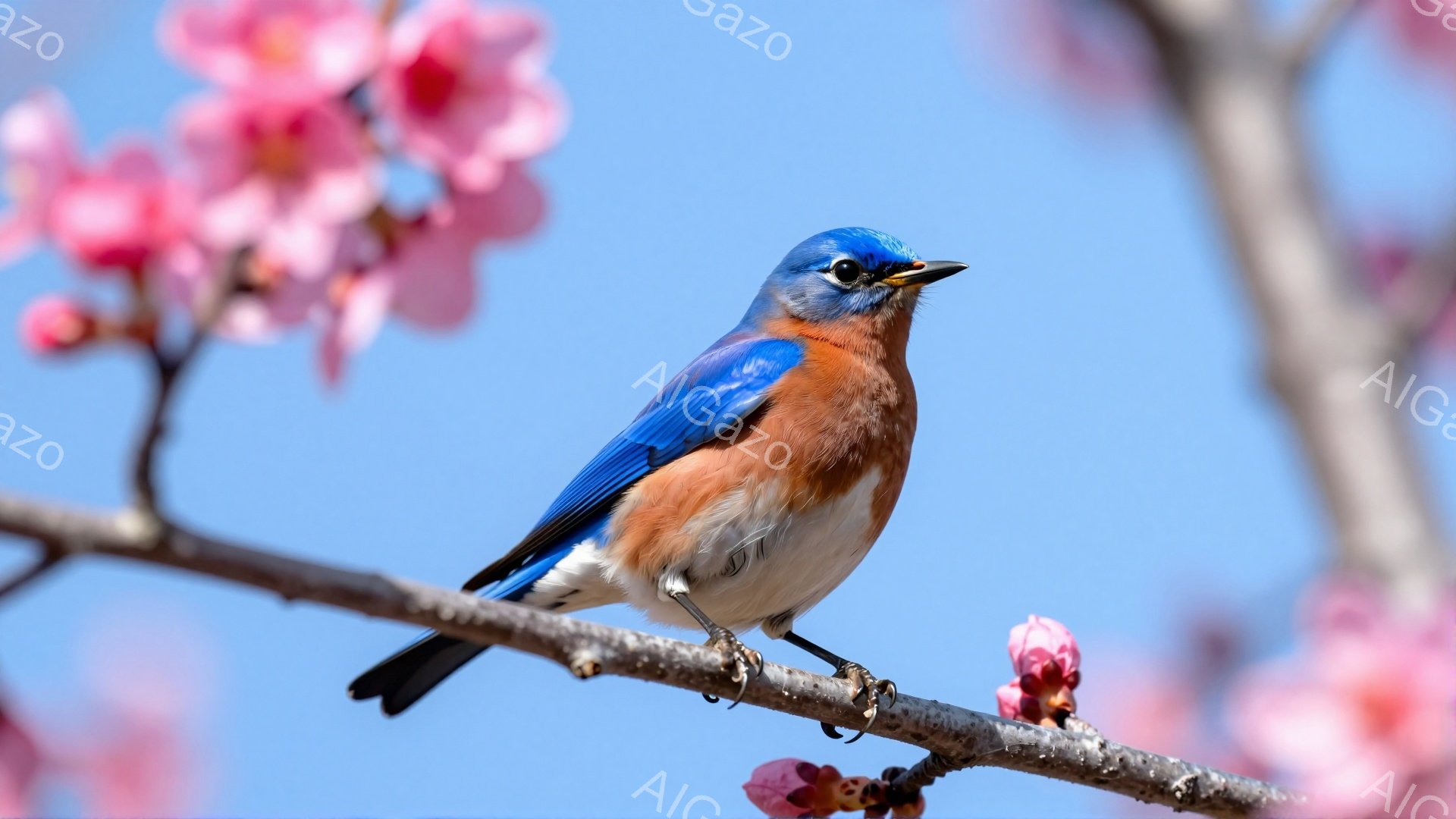 美しい青い鳥が枝にとまっている。背景には淡いピンク色の桜の花がぼやけており、春の穏やかな雰囲気が漂う。鳥の鮮やかな色彩と桜の組み合わせが、視覚的に魅力的だ。