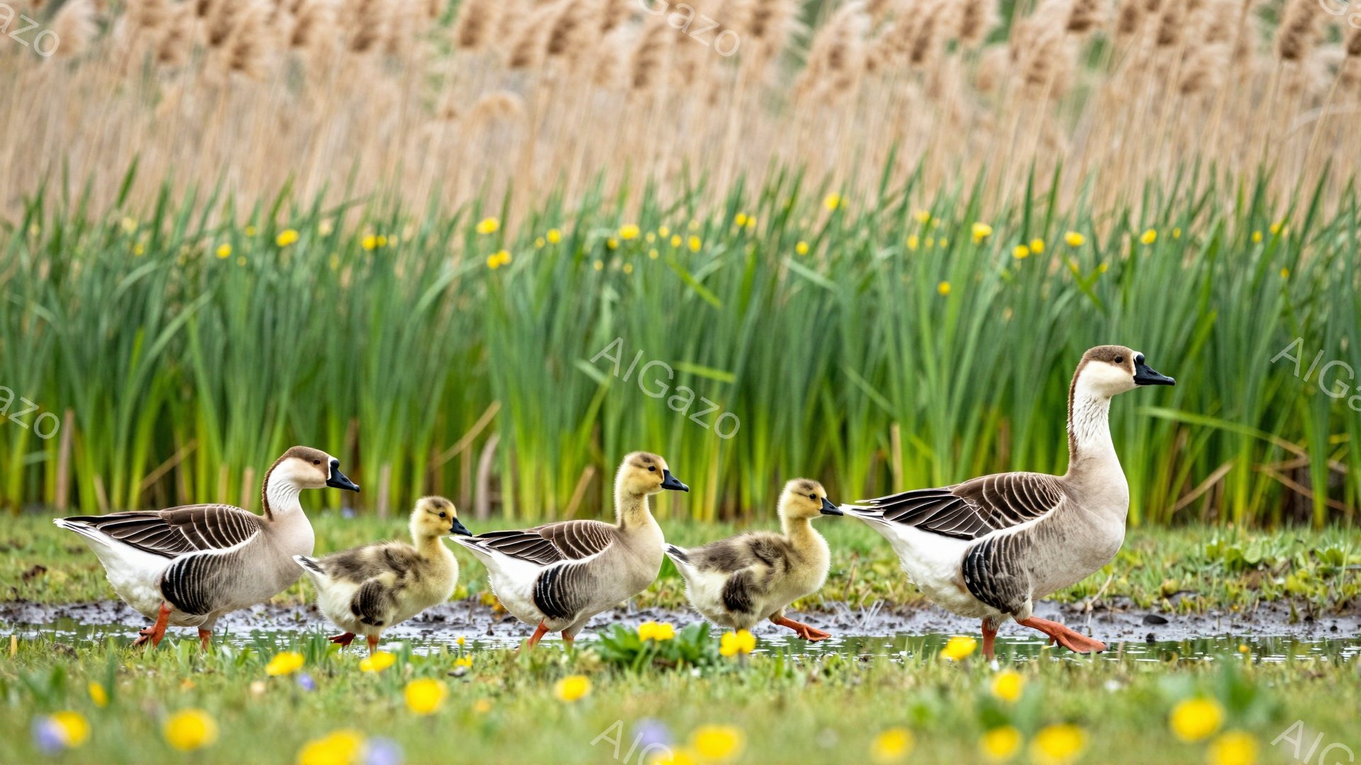 湿地の中を親鴨と子鴨が歩いている。緑の草と黄色い花が咲き、背景には背の高い葦の茂みが広がり、暖かい春の陽気に満ちた雰囲気を感じさせる。家族連れの姿が平和で穏やかな光景を作り出している。 - AI生成フリー素材