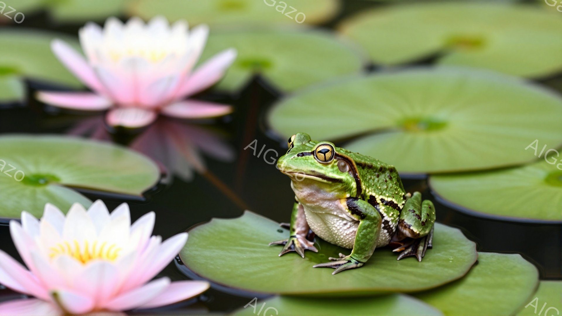 アヒルガモが水面に浮かぶ蓮の葉の上に座っています。ピンク色の蓮の花がいくつか咲いており、水面は緑色で穏やかです。鮮やかな緑とピンクのコントラストが美しく、平和な雰囲気が漂っています。