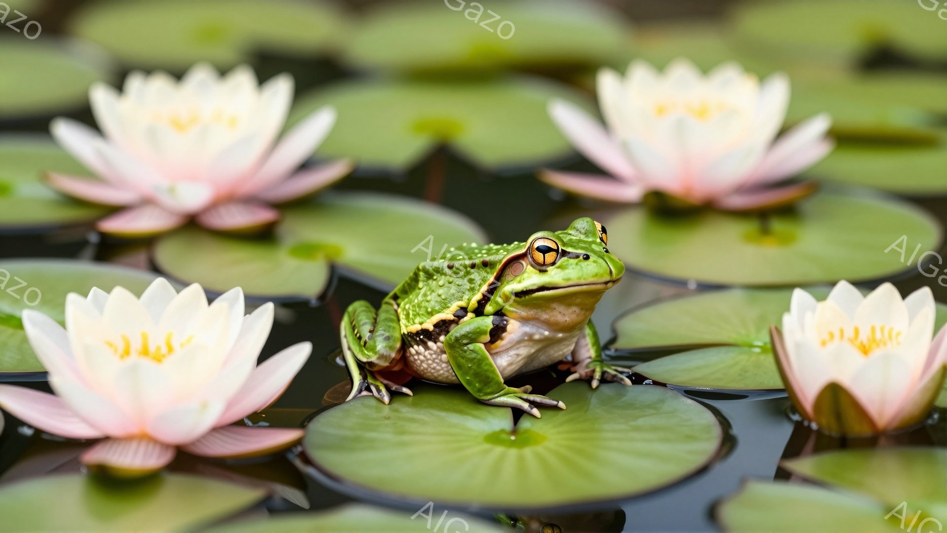 緑色のカエルが水面に浮かぶスイレンの葉の上に座っています。ピンク色のスイレンの花が周りを囲み、静かで穏やかな雰囲気を醸し出しています。水面には光が反射し、キラキラと輝いています。