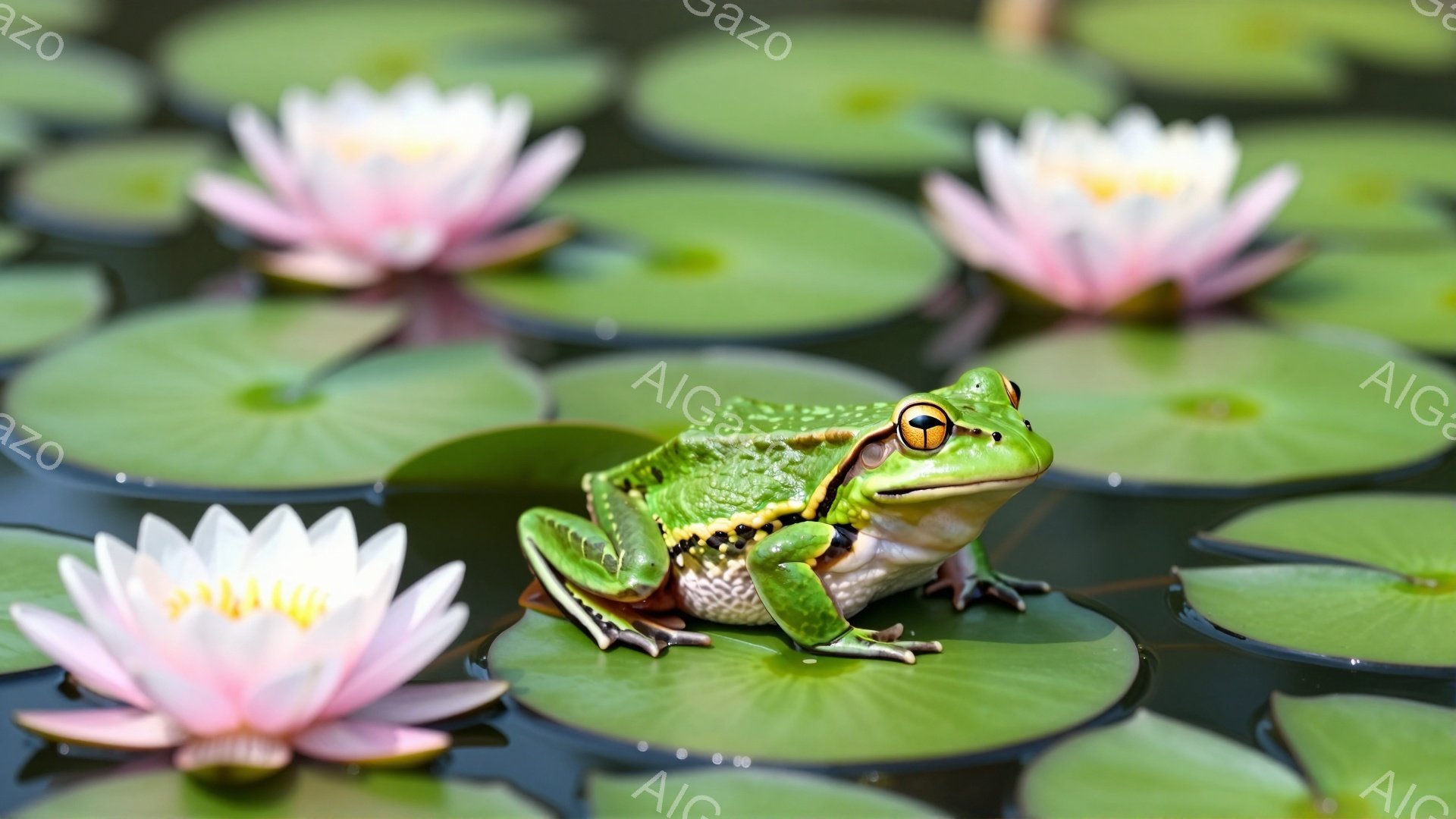 鮮やかな緑色のカエルが睡蓮の葉の上に座っており、ピンク色の蓮の花が周りを彩っています。穏やかな水面と明るい光が、静かで平和な雰囲気を醸し出しています。カエルのつぶらな瞳が可愛らしく、生き生きとした表情が印象的です。