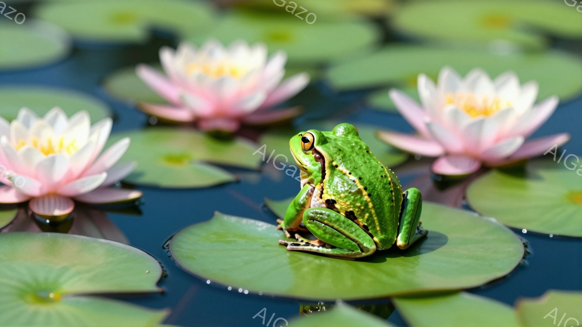 緑色のカエルが大きなスイレンの葉の上に座り、穏やかな水面を見下ろしています。周りにはピンク色の美しい蓮の花が咲き、静かで平和な夏の日の雰囲気を醸し出しています。光が水面に反射し、キラキラと輝き、幻想的な光景を作り出しています。