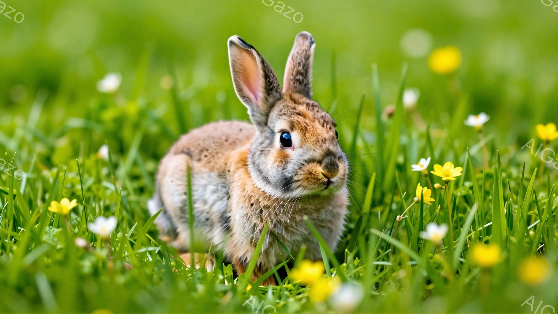 緑の草むらの中に、毛並みの美しい茶色のウサギが座っています。ウサギは前方をじっと見つめており、その表情は好奇心と警戒心が入り混じっています。背景には、黄色い花々が咲き乱れ、春の穏やかな雰囲気を醸し出し - AI生成フリー素材