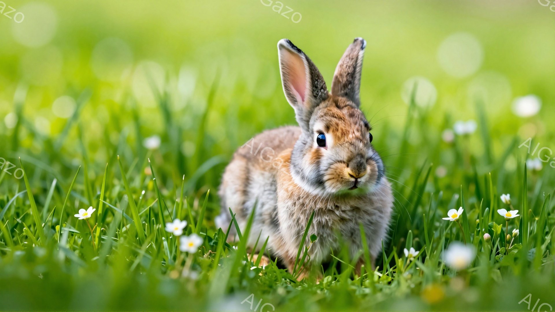 鮮やかな緑の草むらの中に、小さなウサギが座っています。ウサギは茶色い毛並みで、大きな耳を立てて何かを見つめています。周りには小さな白い花が咲き、春らしい穏やかな雰囲気です。