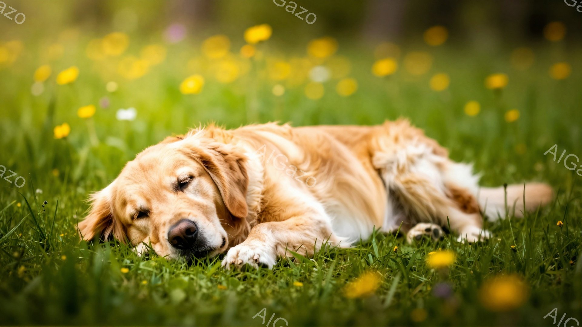 緑豊かな草の上にゴールデンレトリバーが横たわっています。穏やかな表情で目を閉じ、リラックスした様子が伝わってきます。背景には黄色い花が咲き乱れ、暖かく優しい雰囲気を醸し出しています。 - AI生成フリー素材