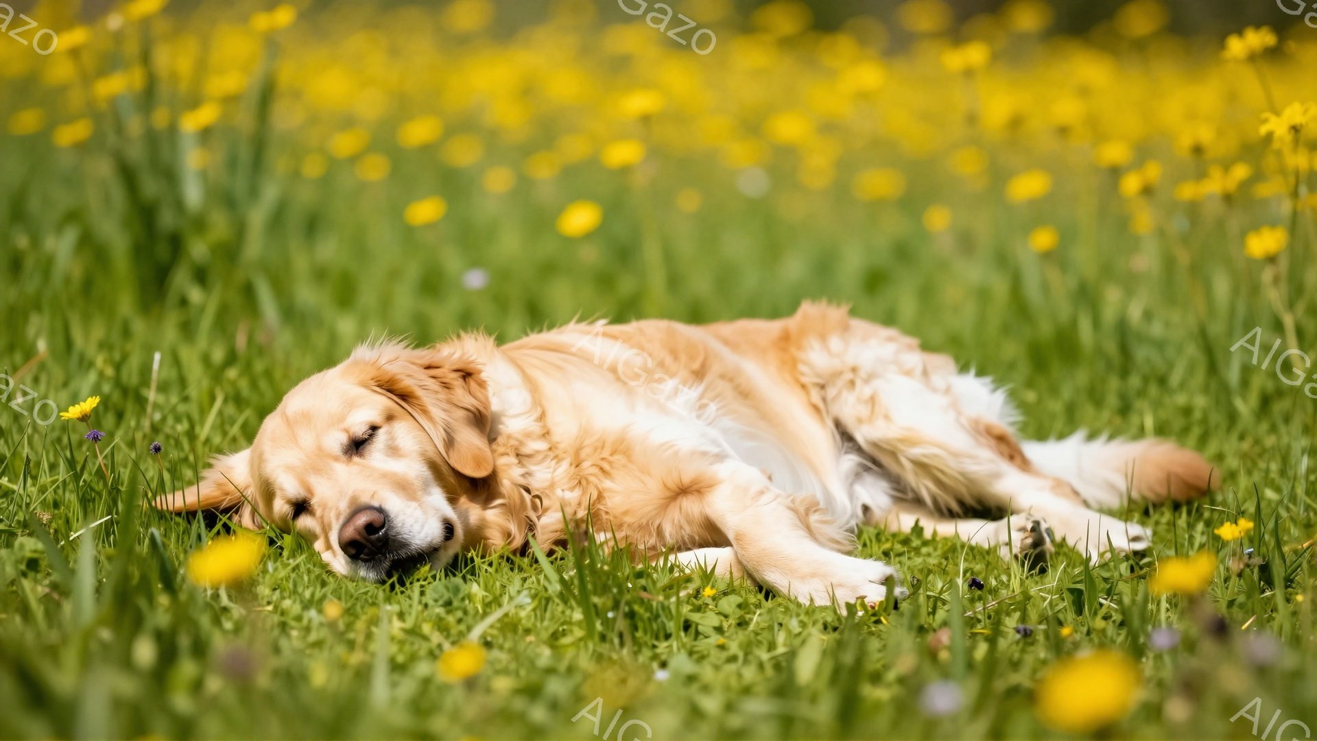 金色のレトリバーが緑の草の上に横たわっています。周りには黄色い花が咲き乱れ、穏やかな春の日の雰囲気が漂っています。犬は目を閉じてリラックスしており、平和で穏やかな様子が伝わってきます。 - AI生成フリー素材