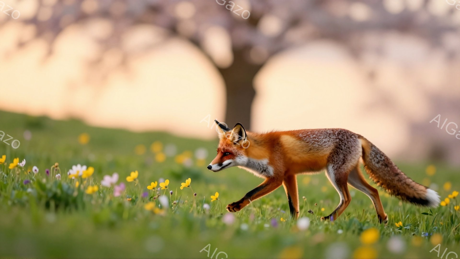 草原を歩くキツネが描かれています。夕日の光が背景を照らし、暖かく穏やかな雰囲気を醸し出しています。キツネは鮮やかなオレンジ色の毛並みで、花々が咲き乱れる草原の中を優雅に歩いています。 - AI生成フリー素材