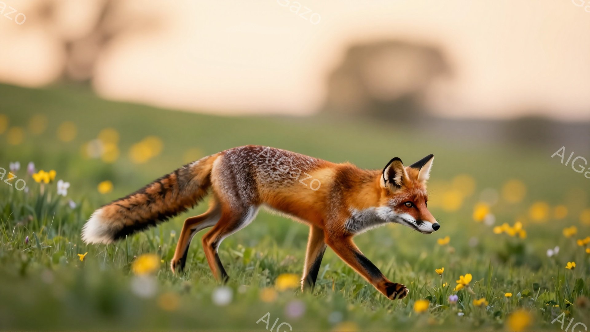 明るい緑の草原を、鮮やかな赤毛のキツネが歩いている。キツネは右方向に歩いており、ふわふわとした長い尻尾が特徴的だ。背景にはぼやけた木々と、黄色い花々が点在し、穏やかな雰囲気が漂っている。 - AI生成フリー素材
