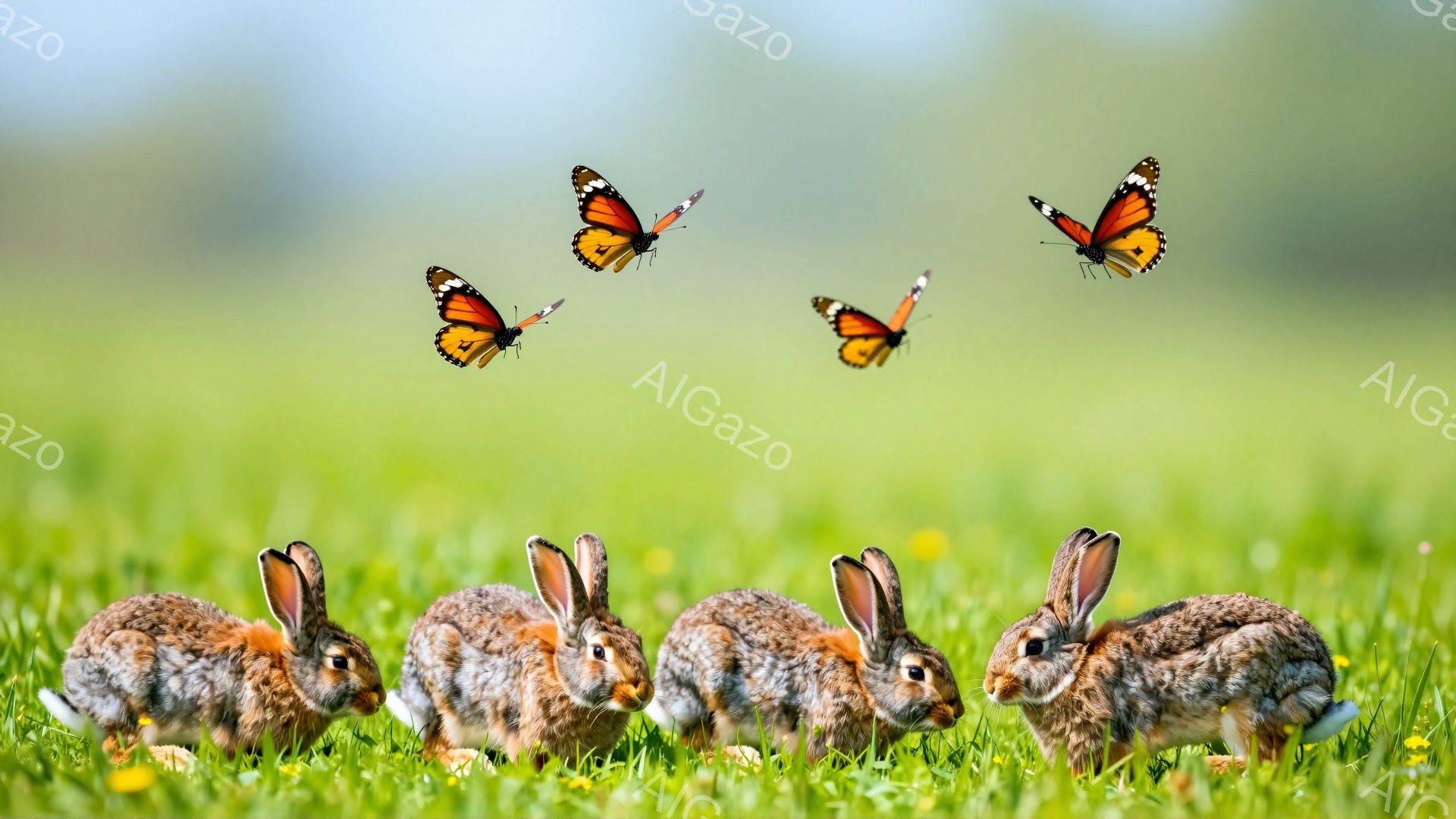 緑の草原に可愛らしいウサギたちが一列に並んでいます。彼らの周りには色鮮やかな蝶が舞い、穏やかで平和な雰囲気を醸し出しています。春の陽光が差し込み、生命力に満ちた光景です。 - AI生成フリー素材