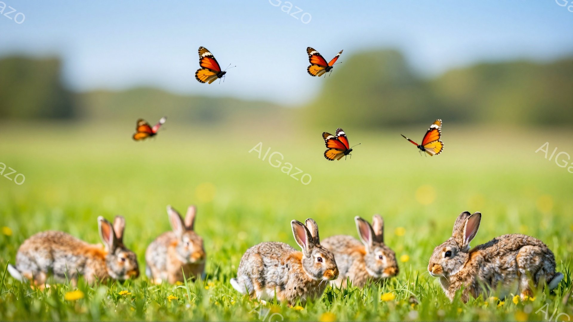 緑の草地に、可愛らしいウサギたちが一列に並んでいます。オレンジ色の蝶が数匹飛び交い、春の穏やかな雰囲気を醸し出しています。明るい日差しと柔らかな緑が、暖かく優しい印象を与えます。 - AI生成フリー素材