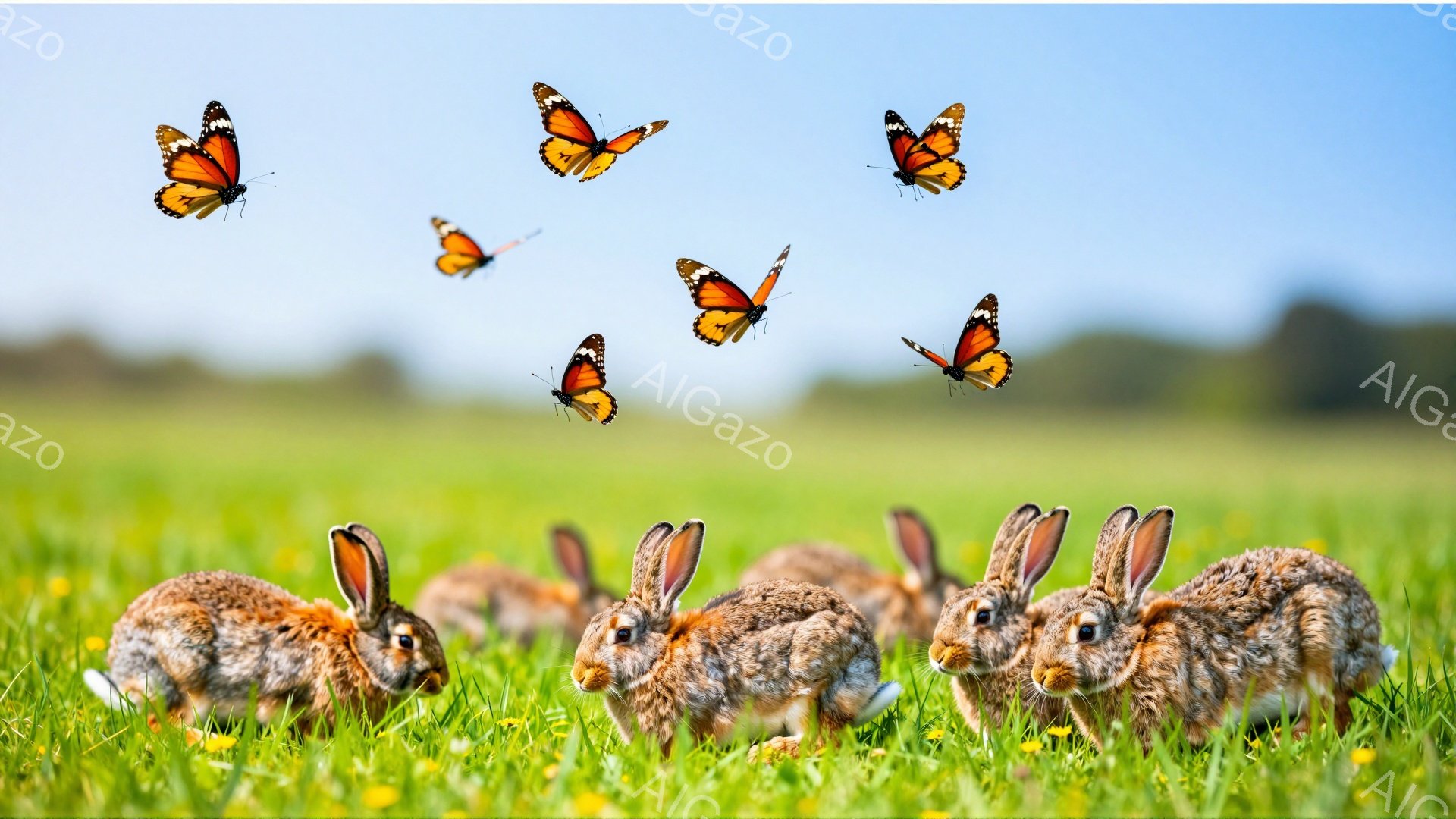 緑の草地に数匹のウサギが並んで座っています。オレンジ色の蝶がウサギの周りを飛び交い、明るく穏やかな雰囲気を醸し出しています。背景には遠くの木々が見え、平和な田園風景が広がっています。 - AI生成フリー素材