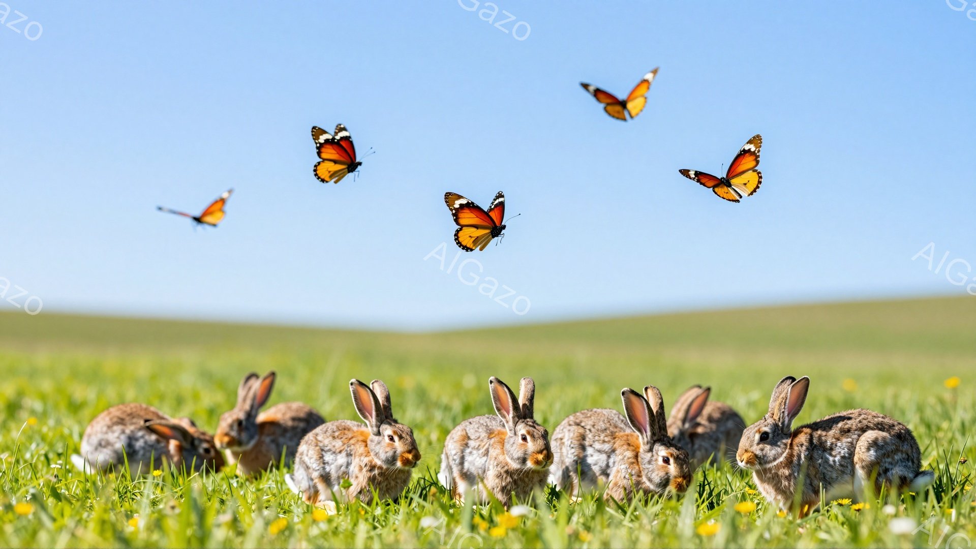 緑の草原に、たくさんのウサギたちが集まって草を食べている。空にはオレンジ色の蝶が舞い、平和で穏やかな雰囲気を醸し出している。暖かい日差しと鮮やかな緑が、自然の美しさを際立たせている。 - AI生成フリー素材