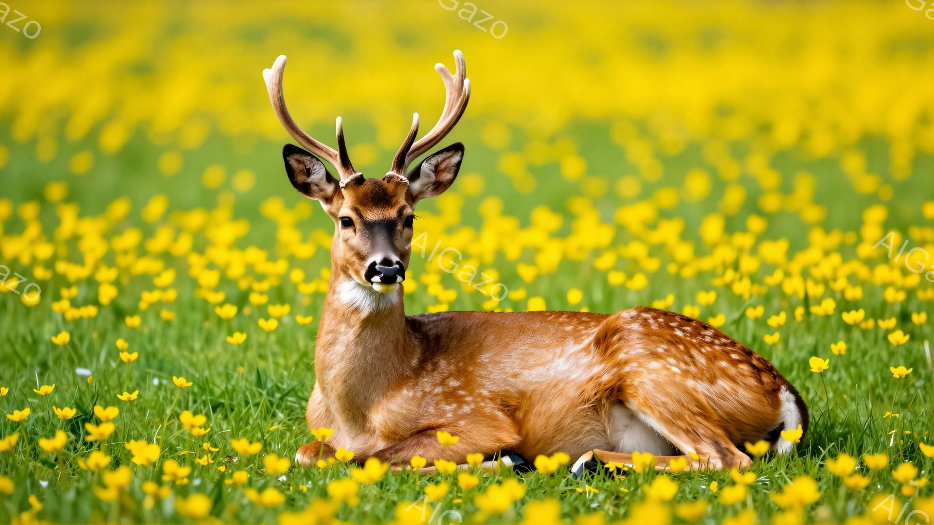 緑色の草原に咲き乱れる黄色い花々の中に、一頭のシカが横たわっている。シカは澄んだ目でカメラを見つめ、リラックスした様子が伺える。春の穏やかな日差しが差し込み、平和な雰囲気を醸し出している。 - AI生成フリー素材