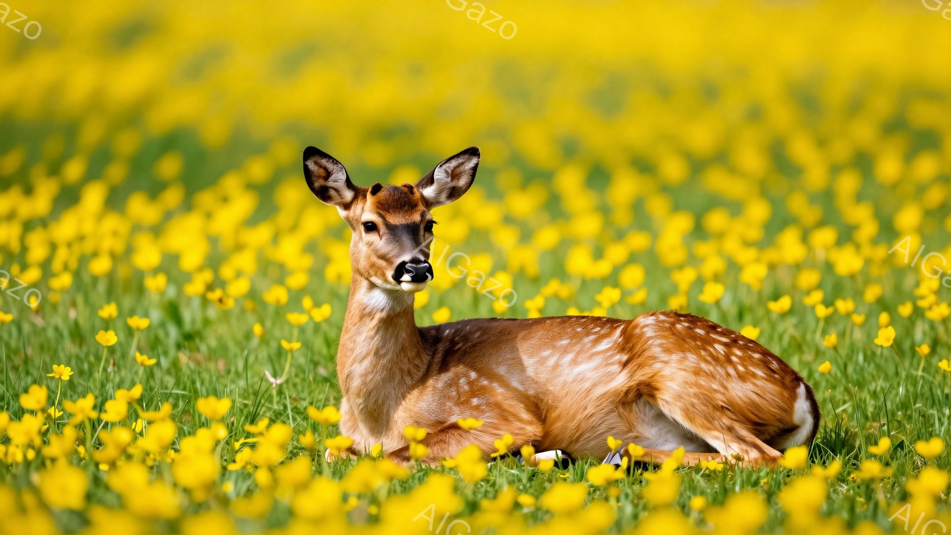 黄色い花畑の中で、若いシカが横になって休んでいる。シカの毛並みは美しく、周囲の花々と相まって穏やかで平和な雰囲気を醸し出している。背景には緑豊かな草原が広がり、暖かい日差しが降り注いでいる。