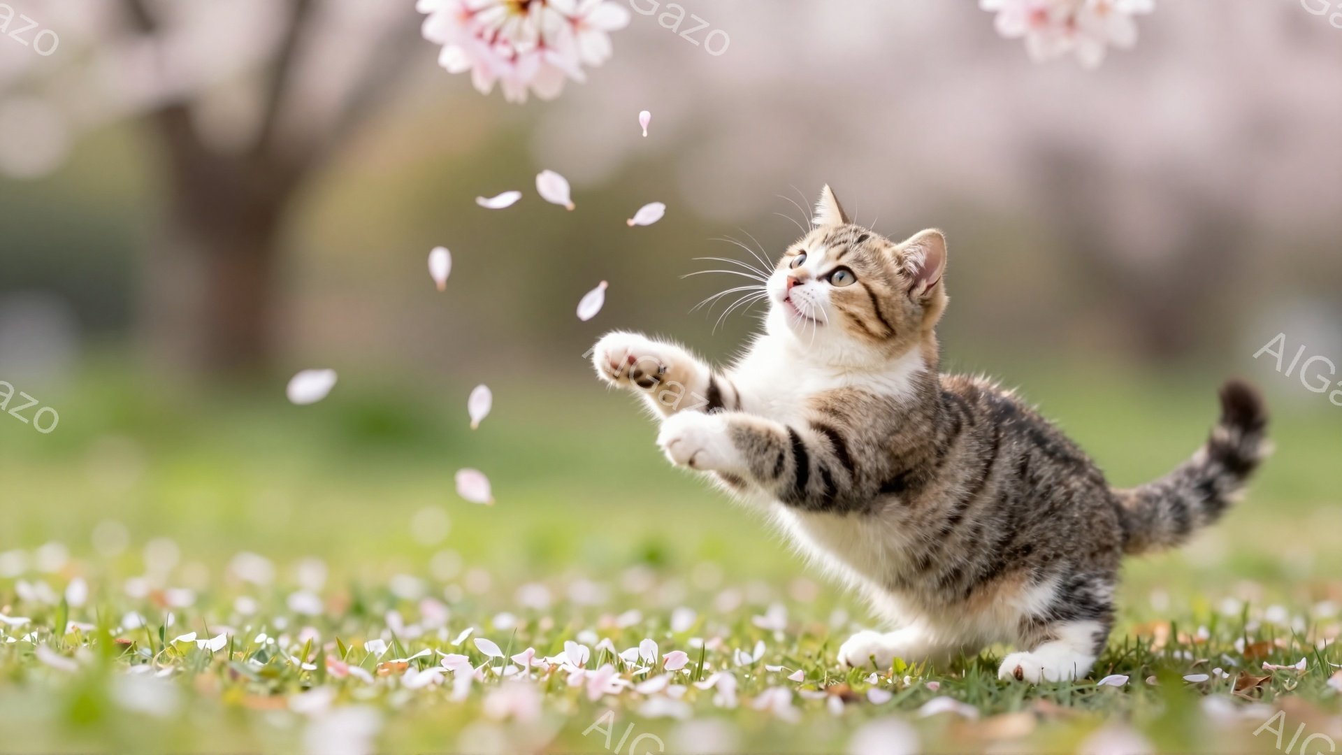 桜の花びらが舞い散る草原で、子猫が前足を伸ばして遊んでいます。緑の草むらとピンク色の花びらが春らしい雰囲気を演出し、子猫の可愛らしい姿が引き立ちます。子猫は好奇心旺盛な表情で、花びらを追いかけて楽しんでいるようです。