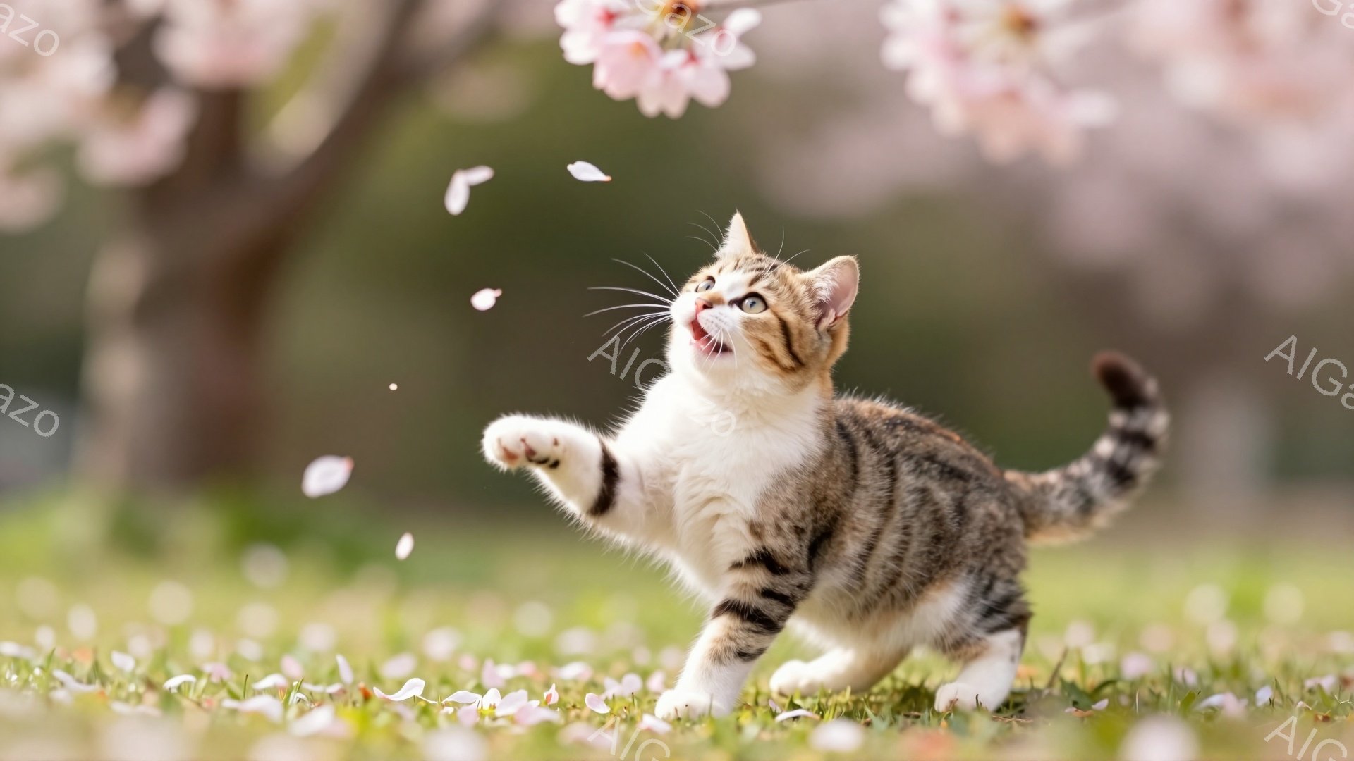 芝生の上で桜の花びらが舞い散る中、子猫が前足で花びらを捕まえようとしています。縞模様の毛並みと、好奇心に満ちた表情が可愛らしいです。春の暖かく穏やかな雰囲気が感じられます。 - AI生成フリー素材