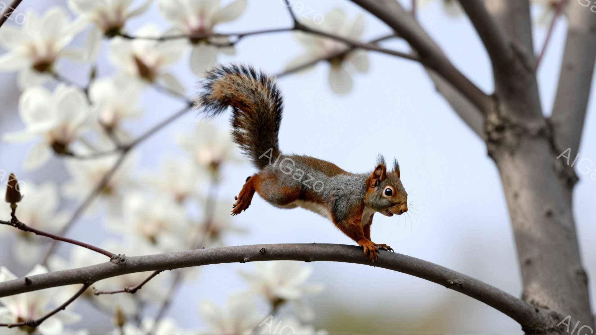 リスが枝の上でポーズをとっています。背景には白く美しい花が咲き、春の穏やかな雰囲気が漂っています。リスは活発で、躍動感があります。