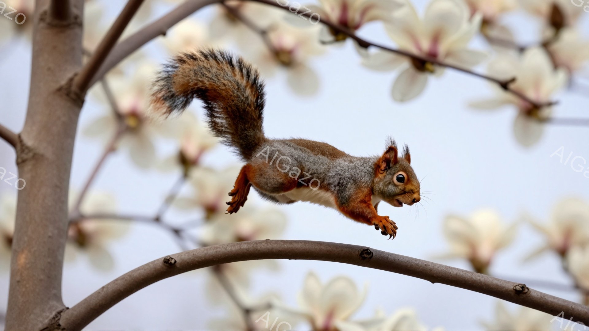 リスが枝から枝へと飛び移る瞬間を捉えた写真です。背景には白く美しい花が咲き乱れ、春の暖かさと生命力を感じさせます。リスの毛並みや表情も良く、躍動感あふれる一枚です。 - AI生成フリー素材