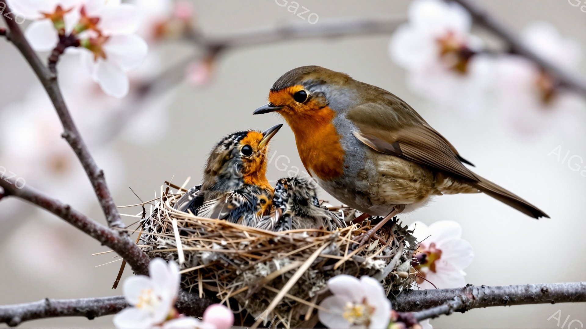 桜の枝に作られた巣の中に、親鳥が口を開けて雛に餌をあげています。雛たちは口を大きく開けて、親鳥からの餌を待ちわびています。背景には桜の花が咲き誇り、春の暖かさを感じさせる穏やかな光景です。