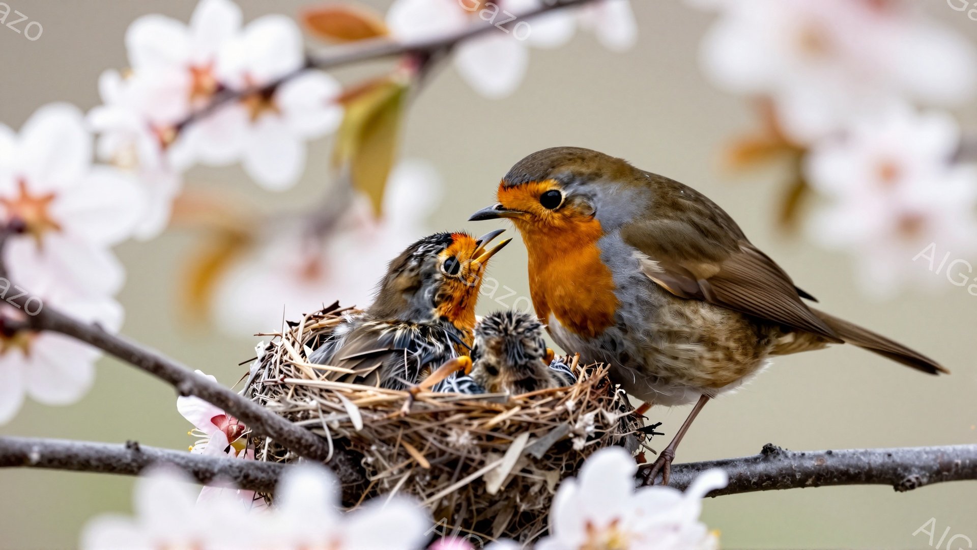 赤い胸を持つ親鳥が、巣の中にいるヒナに餌を与えようとしています。背景には桜の花びらが散りばめられており、春の暖かな雰囲気が感じられます。ヒナは口を開けて親鳥からの餌を待ちわびています。