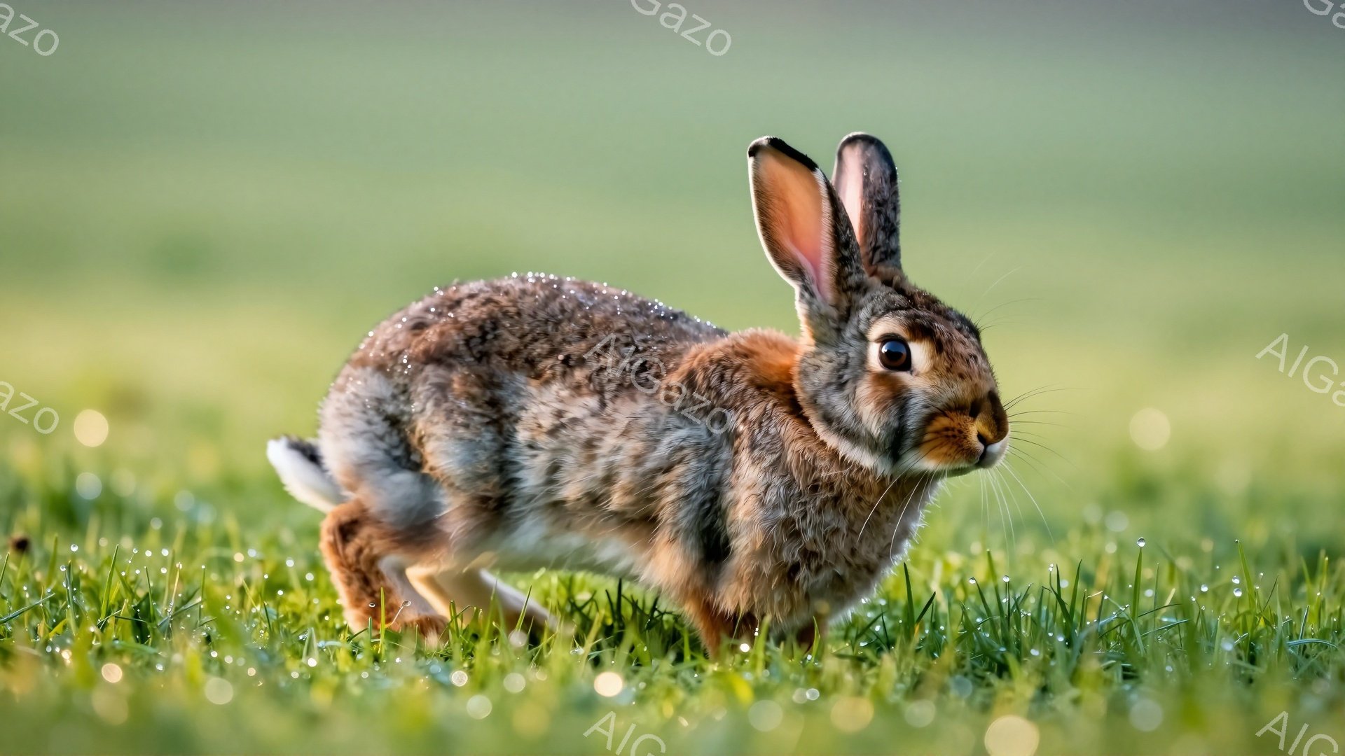 緑の草の上にいるウサギが写っています。朝露が草やウサギの毛皮に付いており、穏やかな雰囲気を醸し出しています。ウサギは前方を向き、警戒しているような表情をしています。