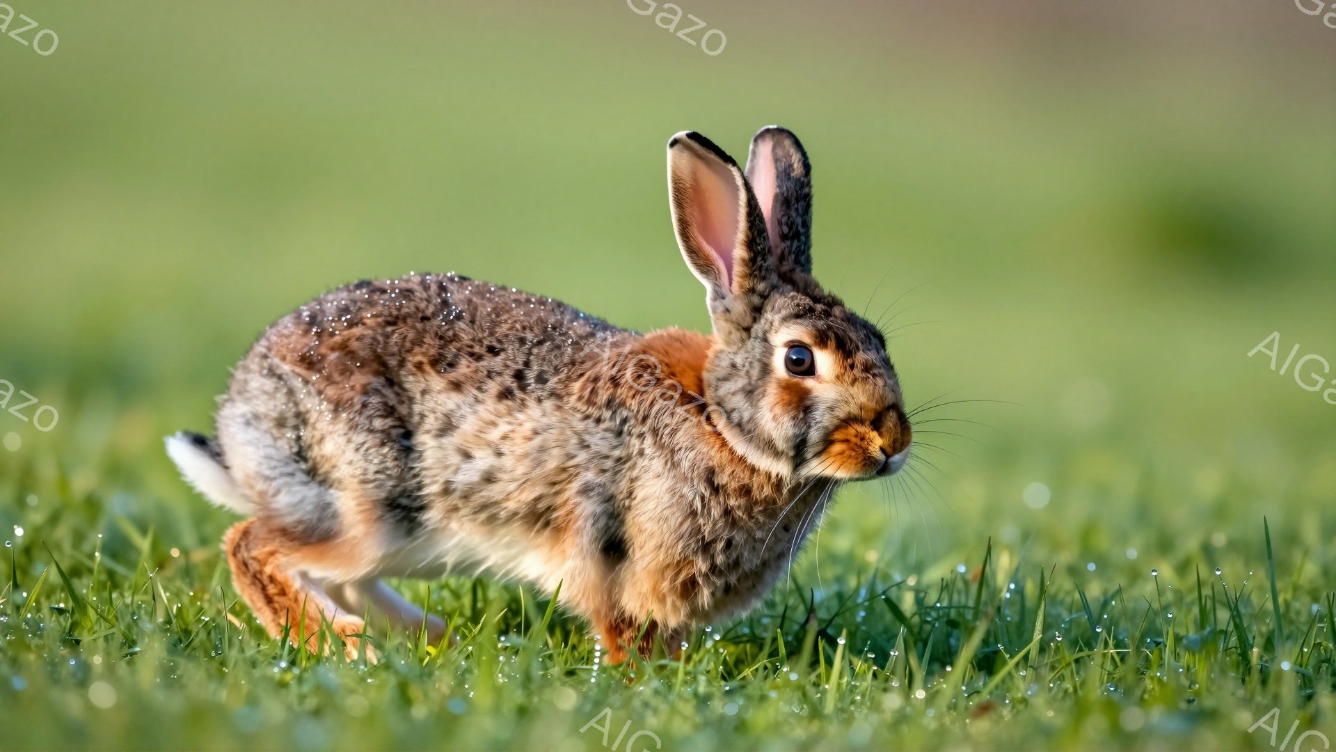 緑豊かな草の上に、茶色の野ウサギが立っている。朝露で草がキラキラと輝き、ウサギの毛並みも露で濡れているようだ。穏やかで自然な雰囲気の、可愛らしい光景である。