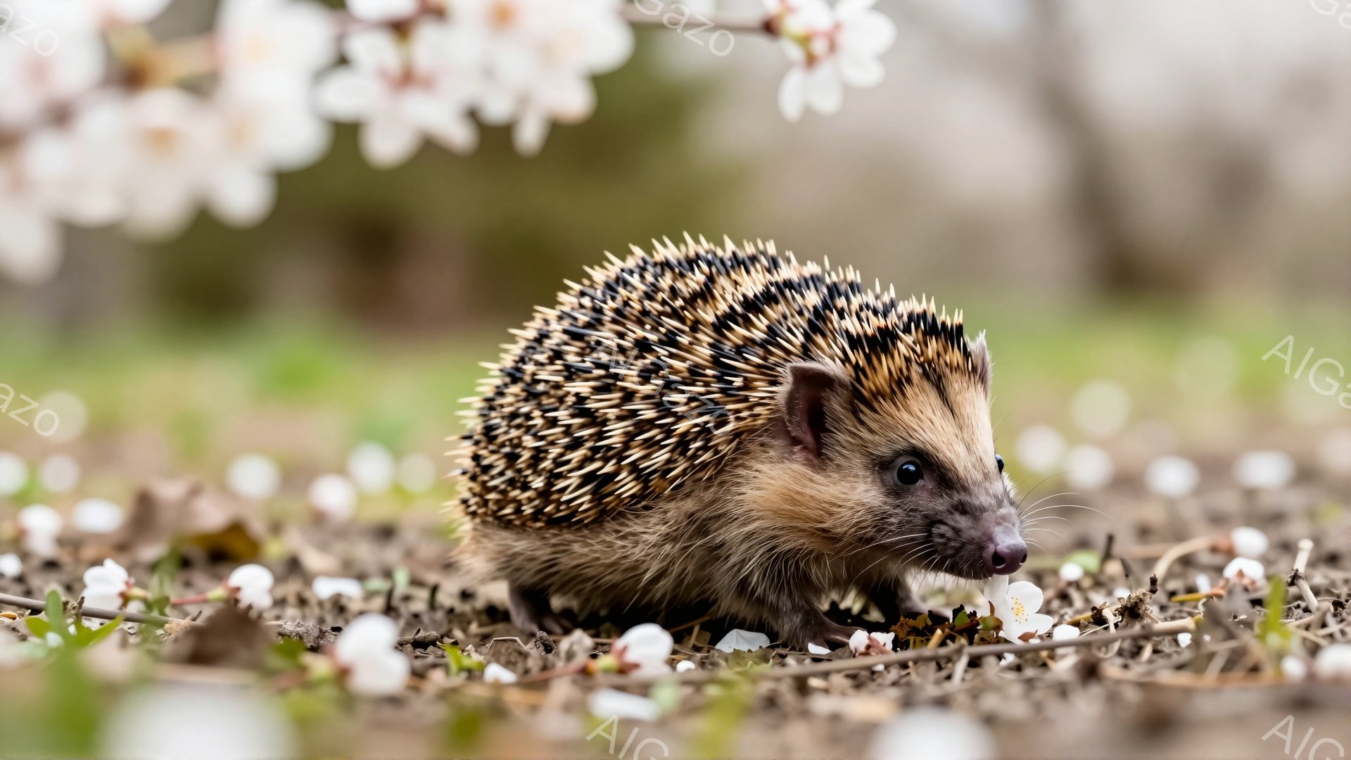 小さなハリネズミが、散らばった白い花びらの上を歩いている。毛並みは茶色と白のストライプで、可愛らしい姿を見せている。背景は緑の草で、春の穏やかな雰囲気が漂う。