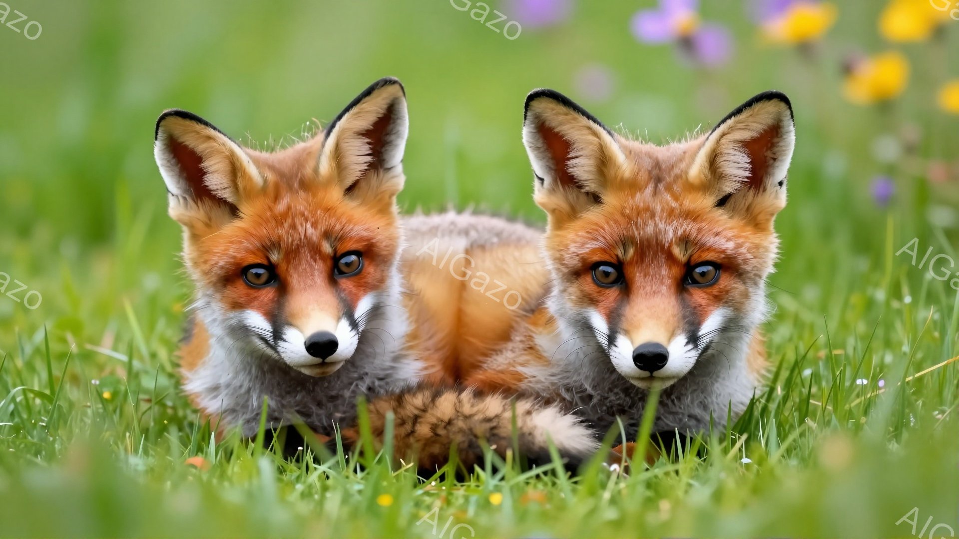 草原の中に二匹のキツネが並んで座っています。鮮やかなオレンジ色の毛並みと、好奇心旺盛な表情が印象的です。背景には緑豊かな草と、かすかに黄色い花が見え、穏やかな雰囲気を醸し出しています。