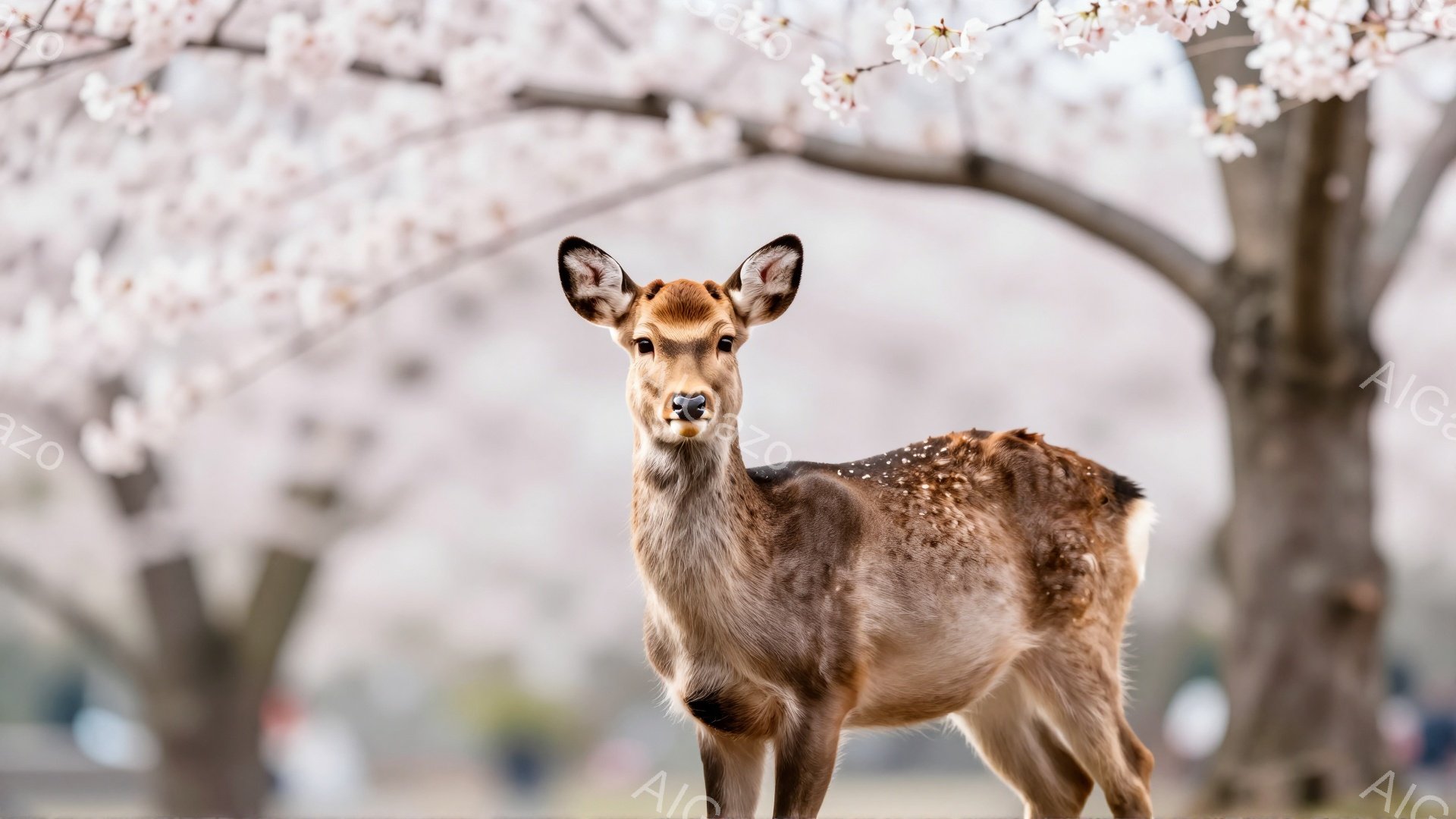 桜並木の中に、斑点のある美しい雌鹿が立っている。鹿はカメラに向かって少し警戒した表情で、穏やかな雰囲気の中で春の訪れを告げているようだ。背景にはぼやけた桜の花が咲き誇り、優しい光が全体を包み込んでいる。