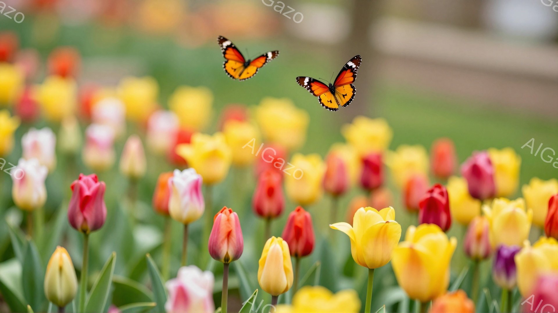色とりどりのチューリップが咲き乱れ、その中に鮮やかなオレンジ色の蝶が舞っている。背景は緑豊かで、春の暖かく穏やかな雰囲気が伝わってくる。光が柔らかく差し込み、花々と蝶の美しさを引き立てている。
